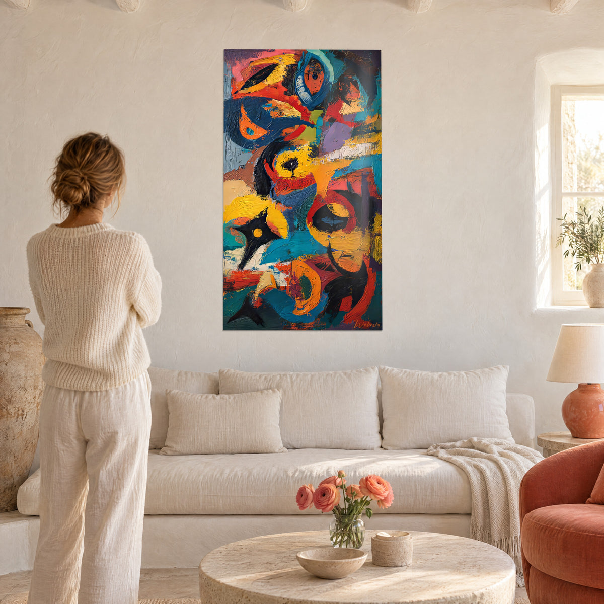 Cuadro composición abstracta con empastes gruesos en amarillo mostaza y azul petróleo, mujer de espaldas sobre un sofá en un salón luminoso