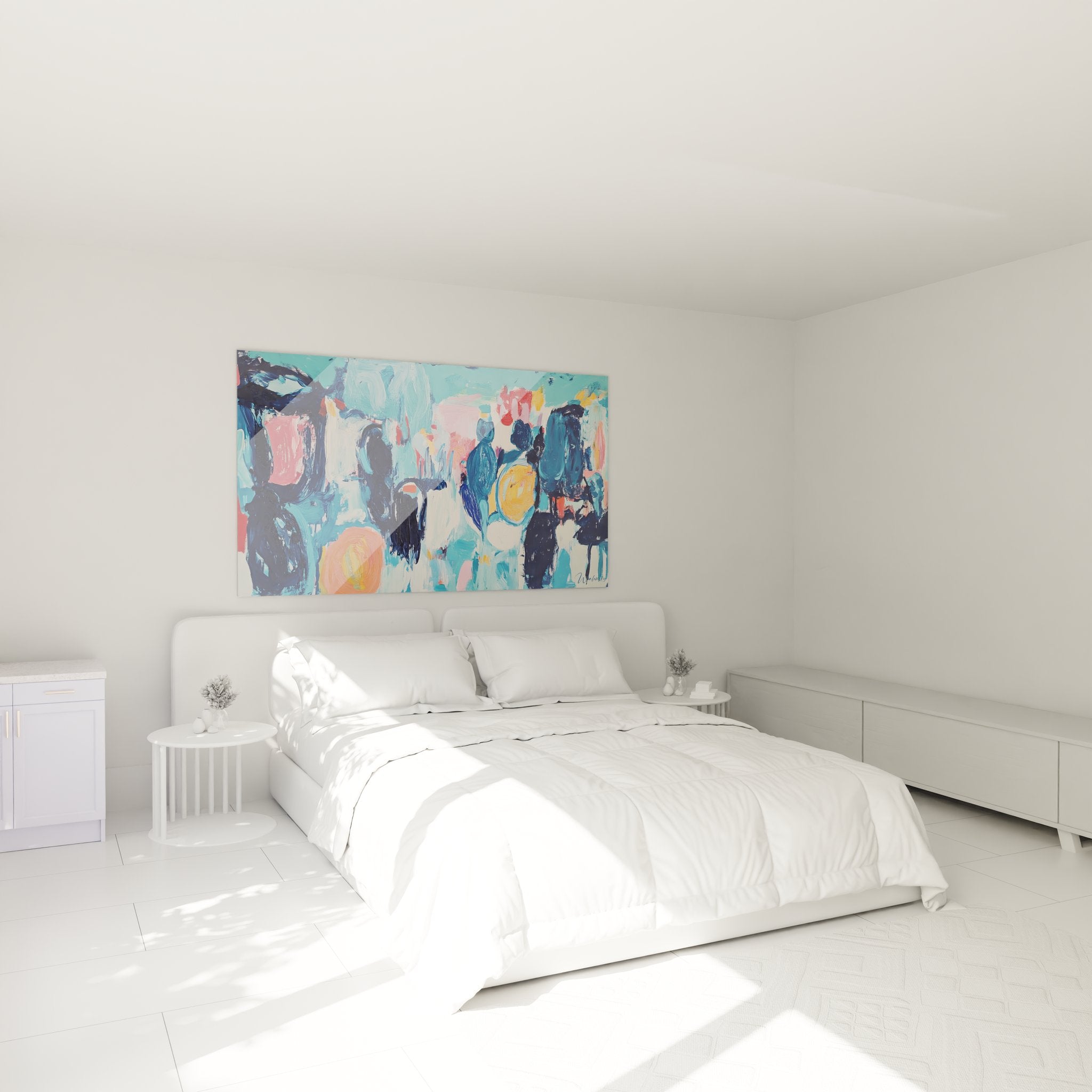 Tableau mural abstrait coloré installé dans chambre moderne pour ambiance décorative contemporaine