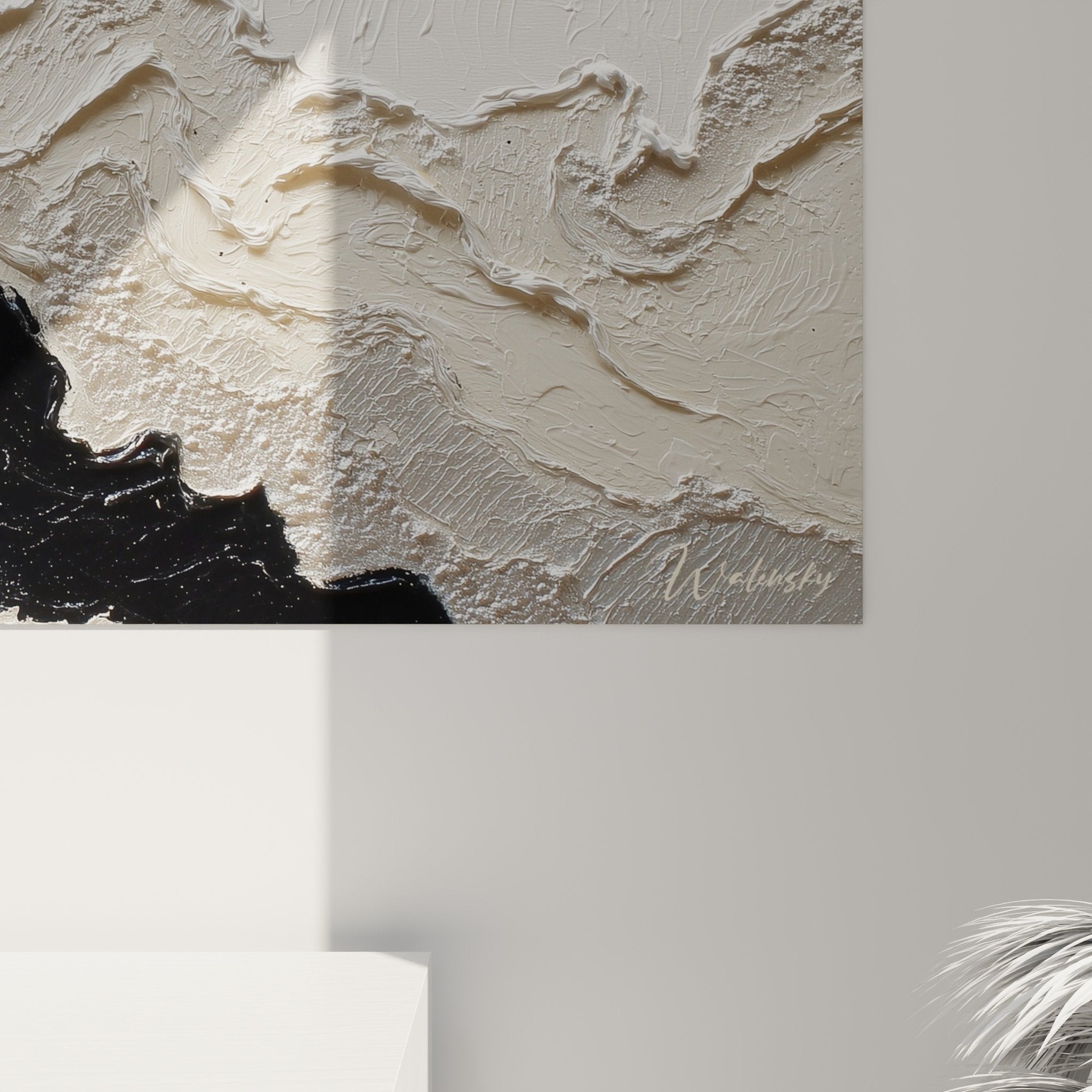 abstract black beige wall art sculptural relief contemporary decoration mineral contrast elegant