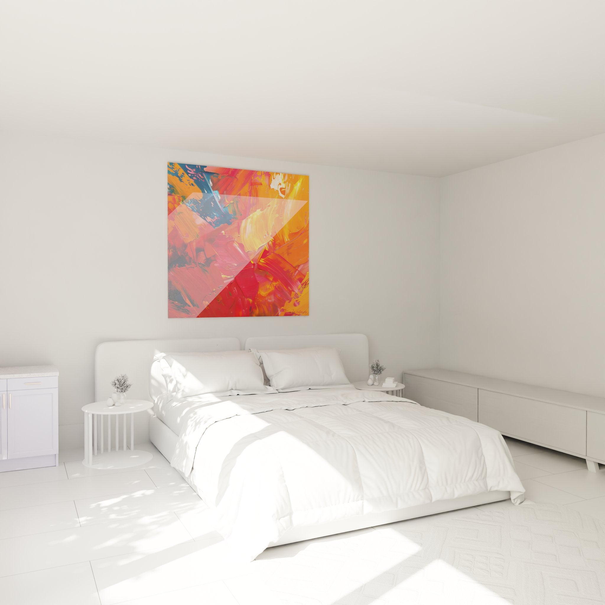 Tableau mural abstrait couleurs vives dans chambre moderne décoration contemporaine