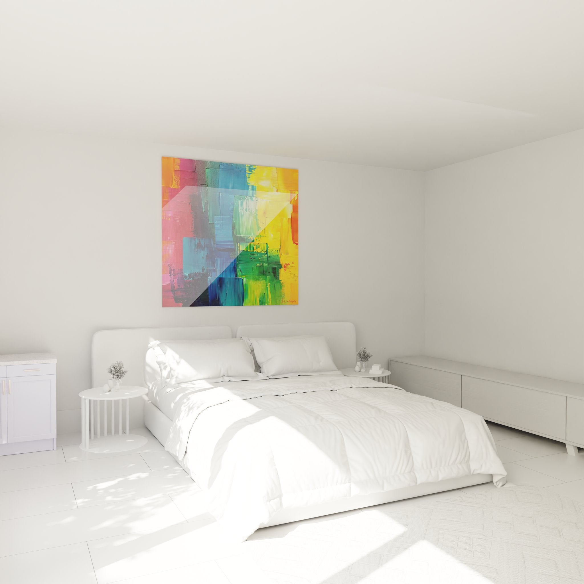 Tableau mural abstrait multicolore dans chambre moderne - décoration contemporaine aux couleurs vives
