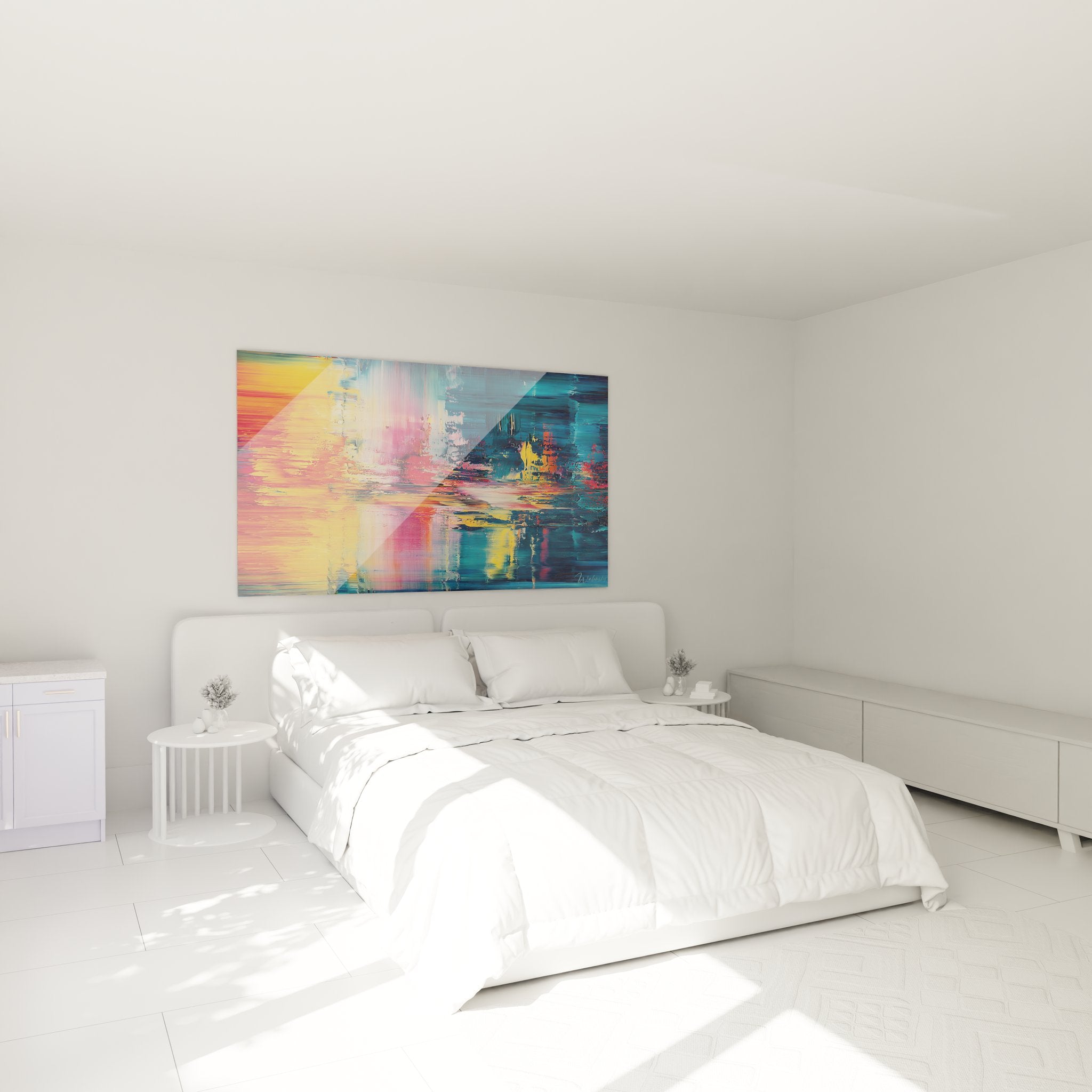 Tableau mural abstrait reflets colorés décorant une chambre style contemporain