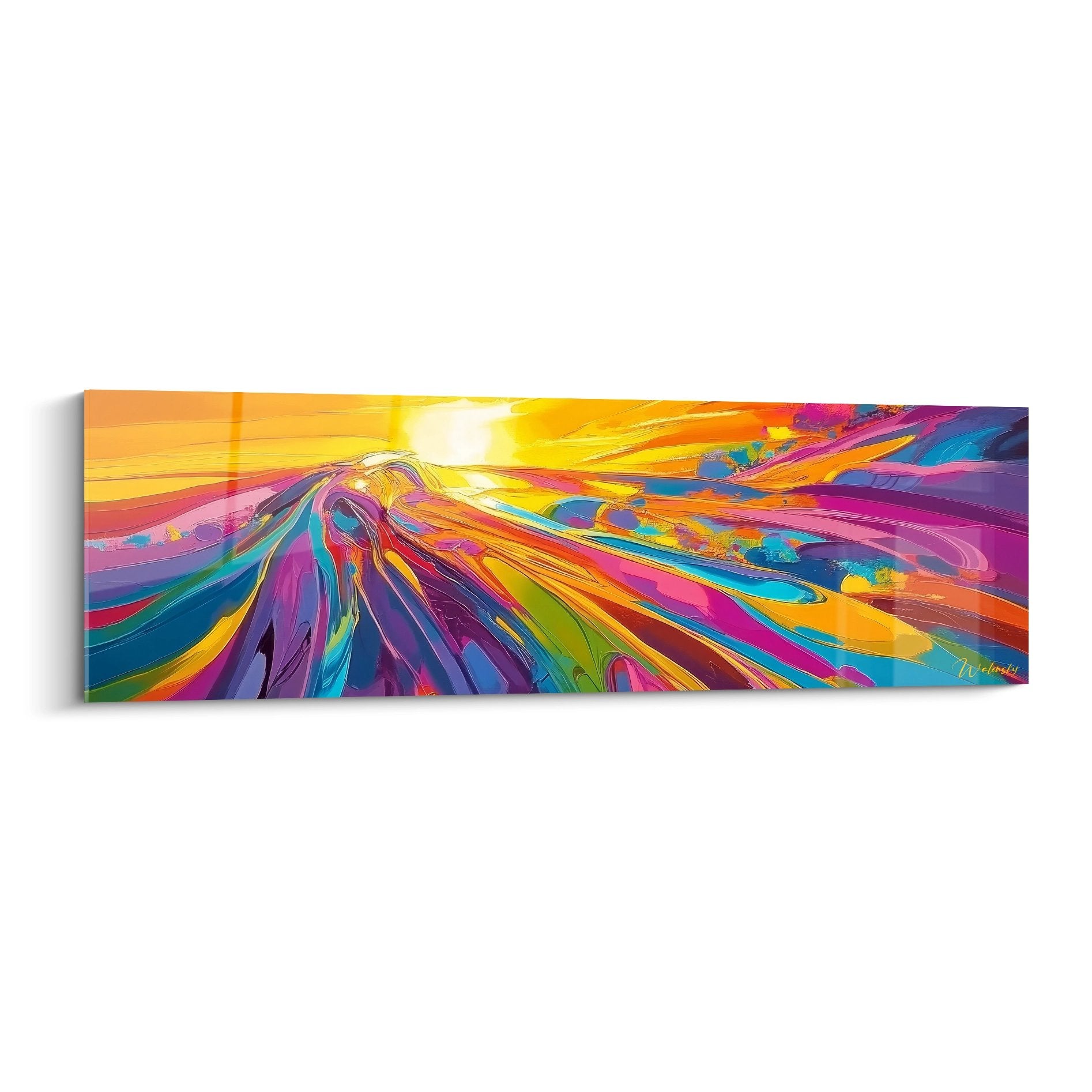 Tableau mural abstrait tourbillon coloré avec explosion de couleurs vives jaune rose violet turquoise