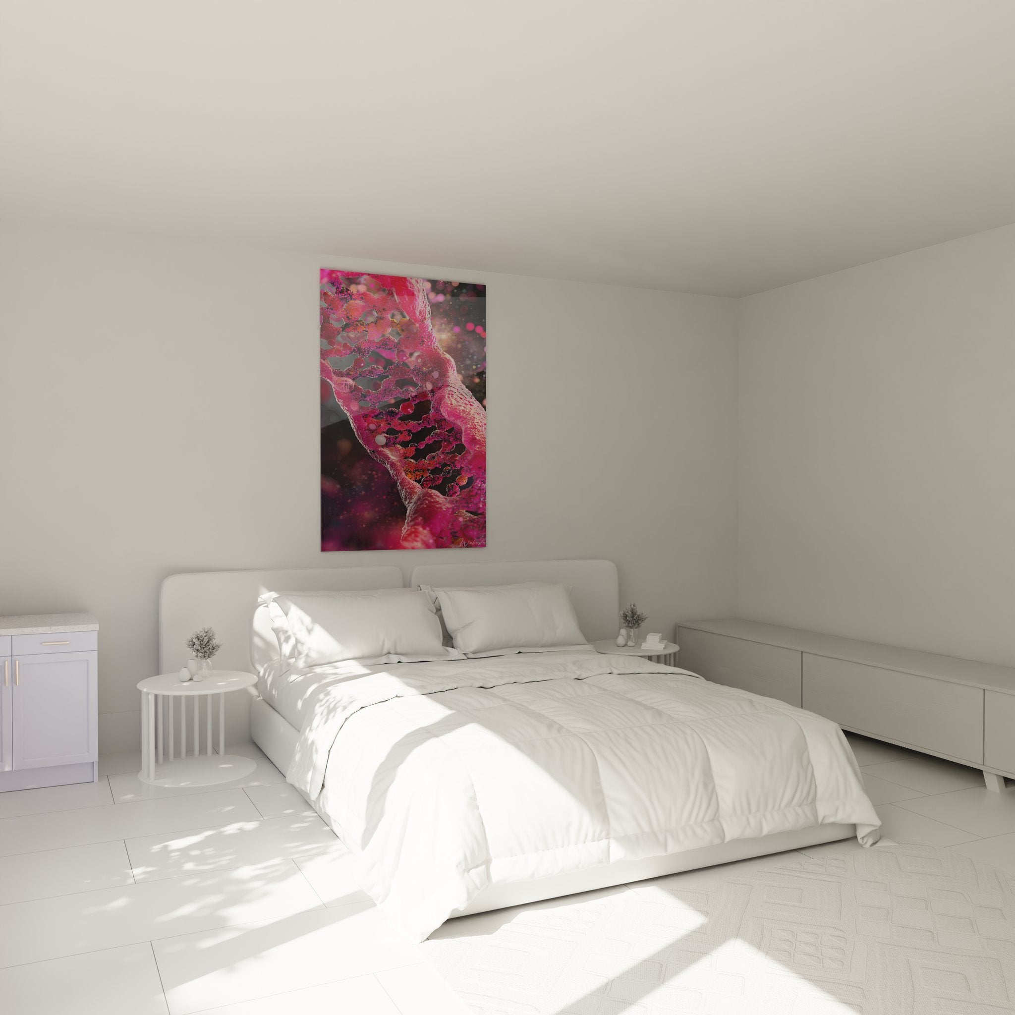 Tableau mural ADN rose dans chambre moderne, art génétique décoratif contemporain