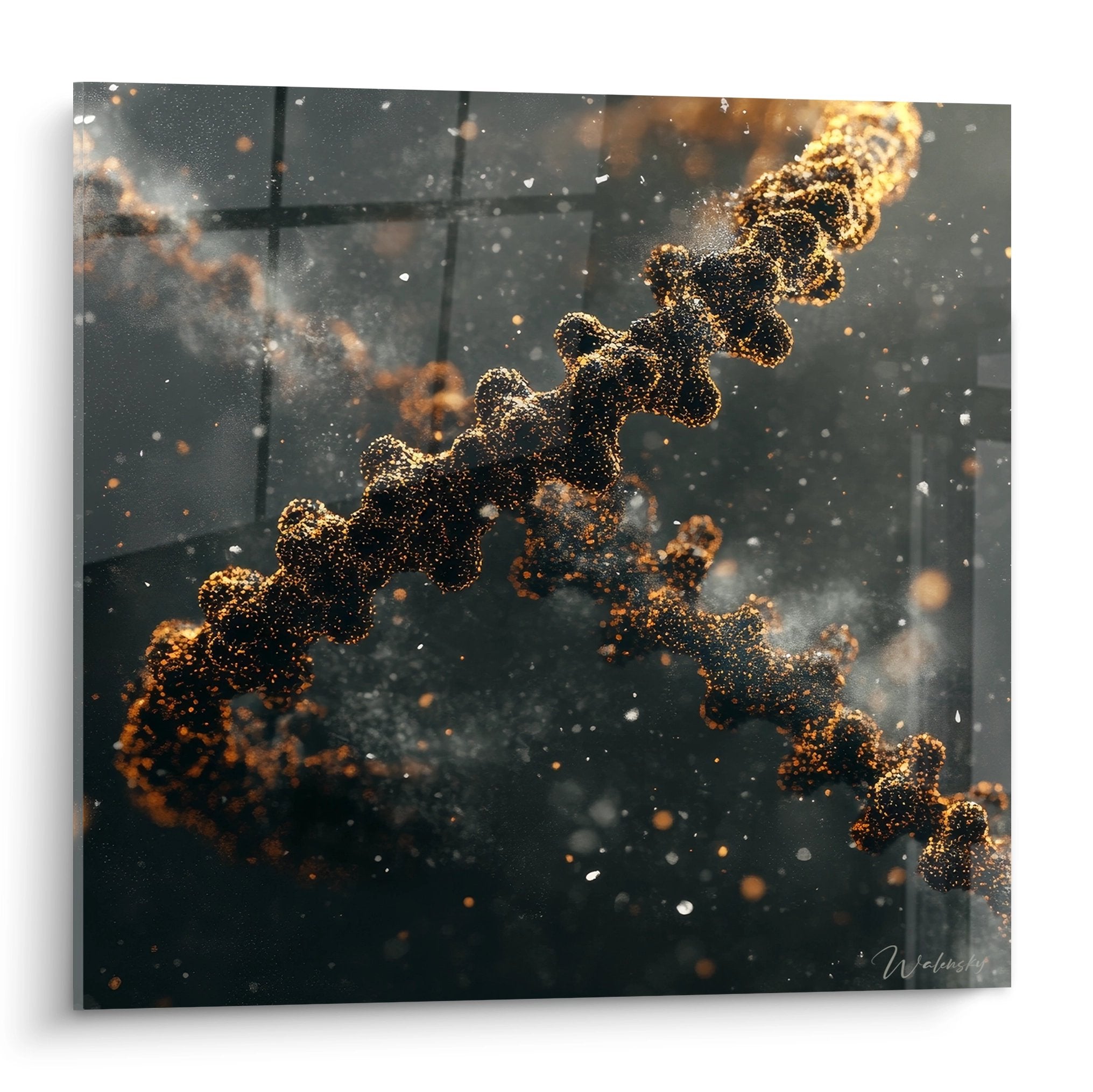 Tableau mural ADN avec hélice dorée scintillante et particules lumineuses sur fond sombre - art scientifique moderne