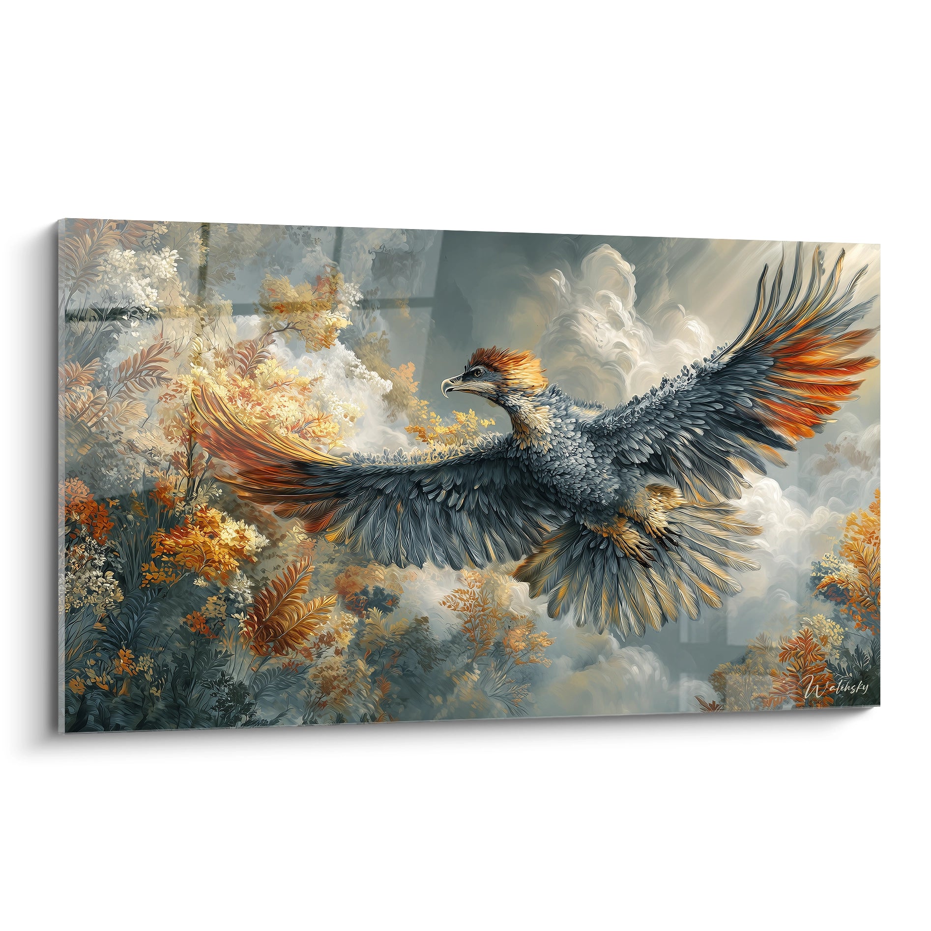 Tableau mural argentavis oiseau préhistorique géant aux ailes déployées dans ciel orageux avec végétation luxuriante