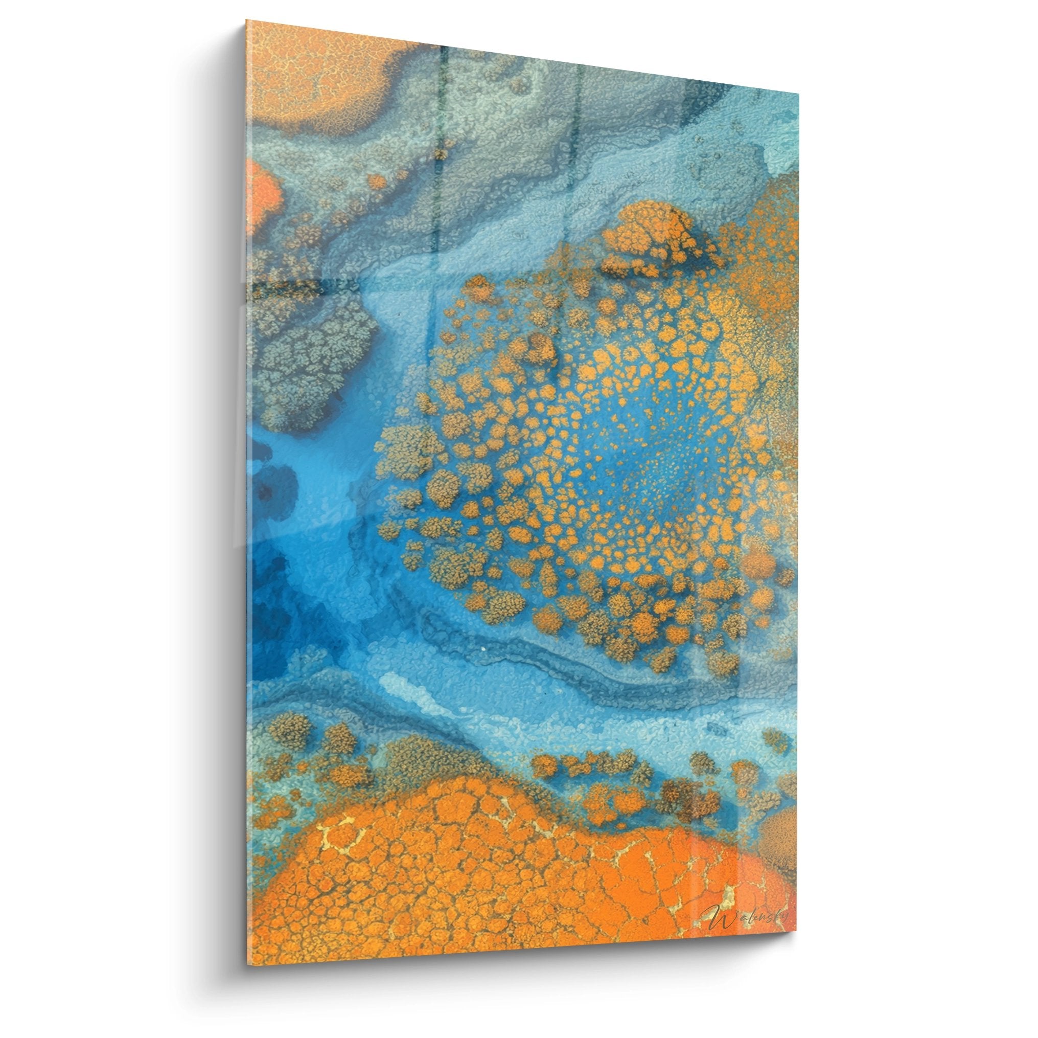 Tableau mural atoll corallien vue aérienne aux tons turquoise et dorés, décoration marine moderne