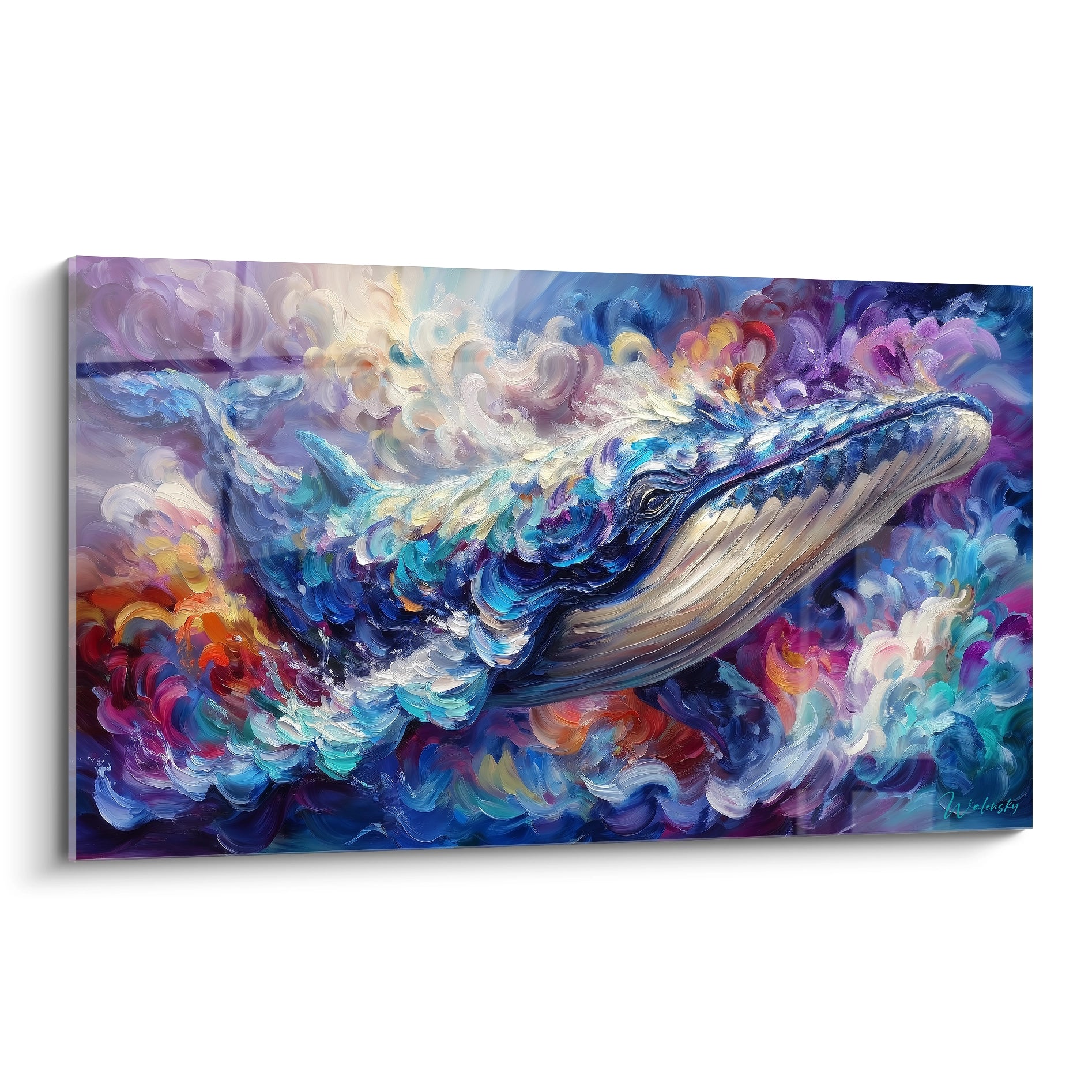 Tableau mural baleine colorée aux tons bleus et violets, art océanique moderne pour décoration intérieure