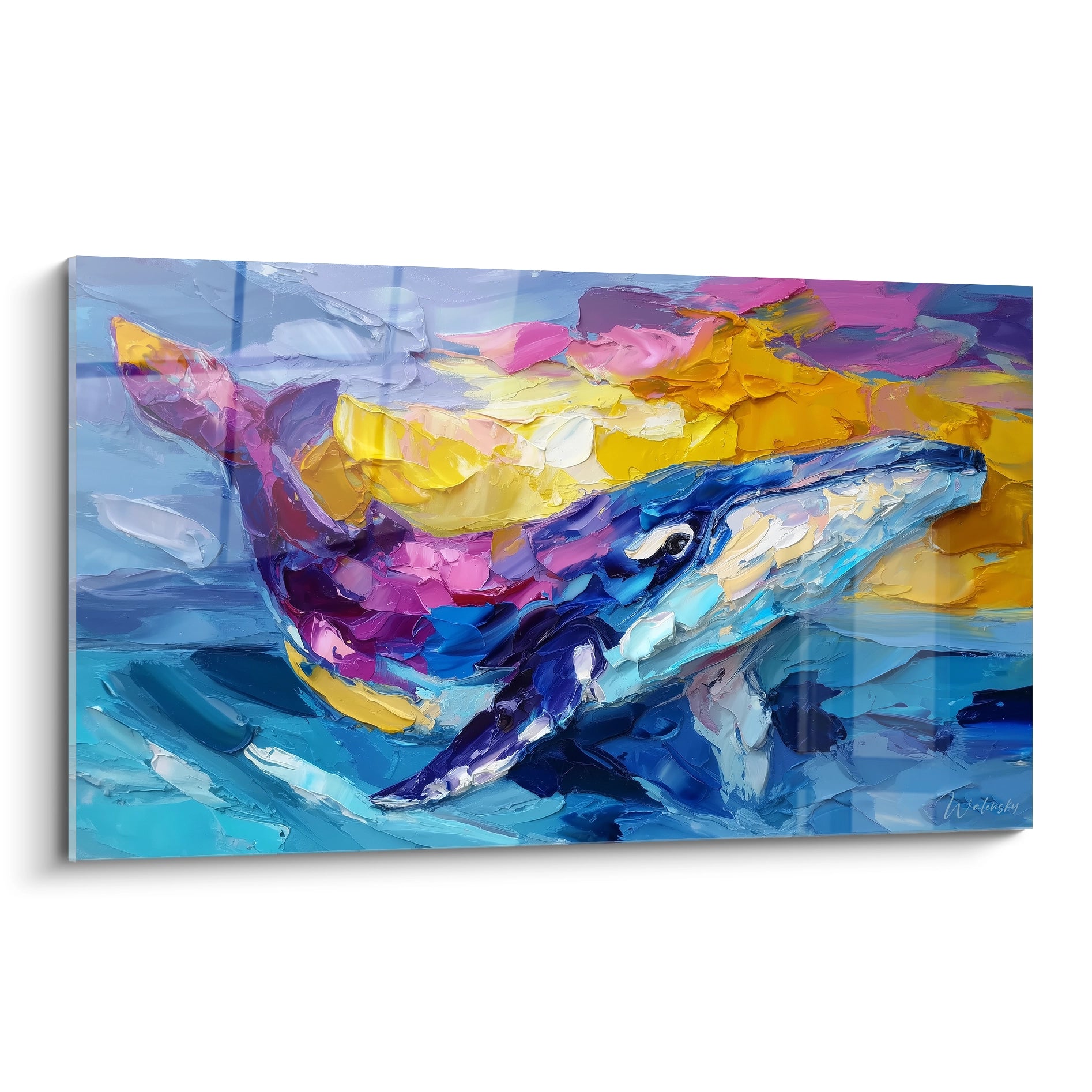Tableau mural baleine expressionniste aux couleurs vives bleu jaune violet - art contemporain