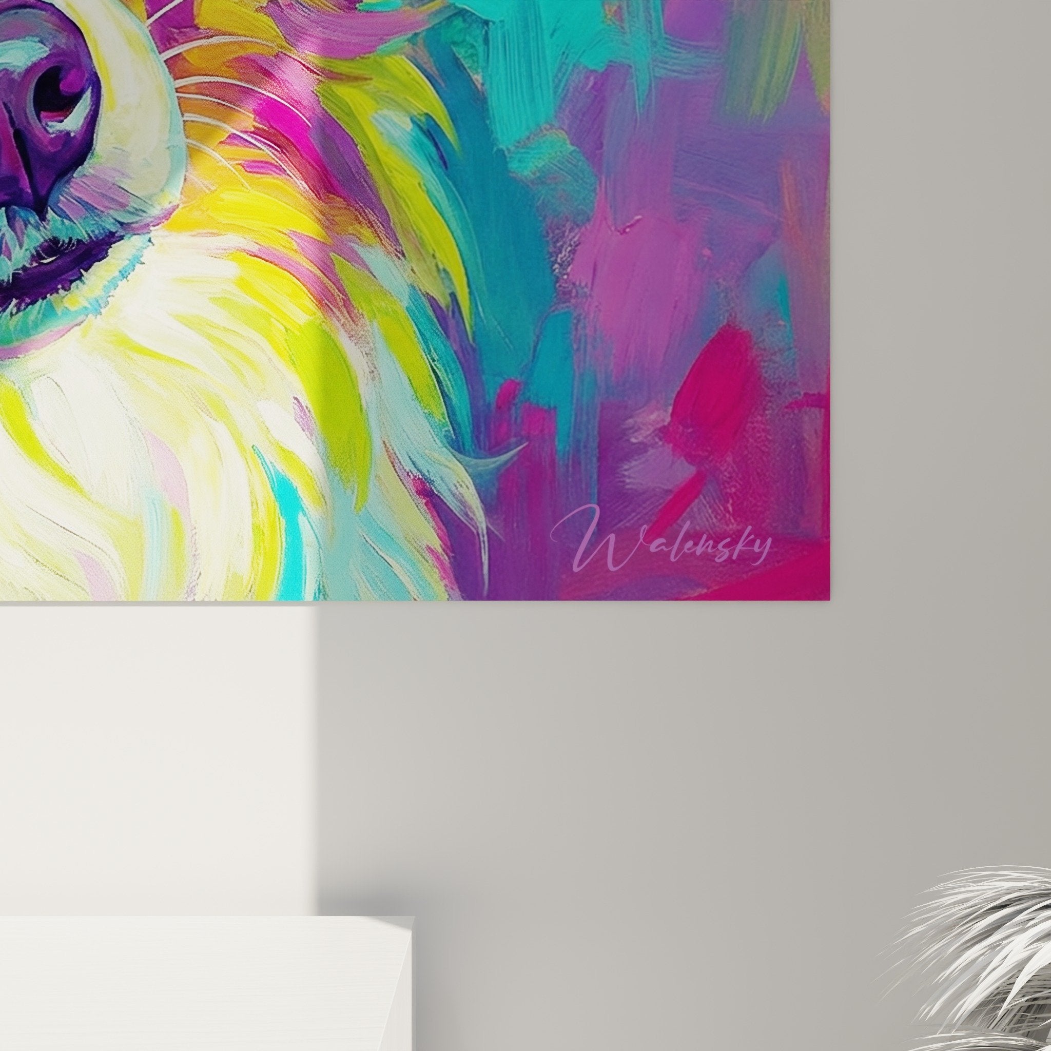 Overview of Miniature American Shepherd painting vibrant colors wall decoration