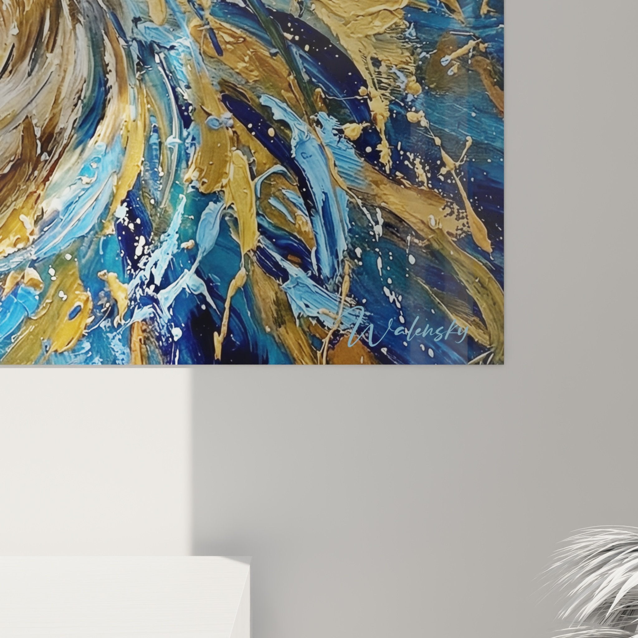 Tableau mural berger shetland salon moderne decoration interieur art contemporain tourbillon dore bleu