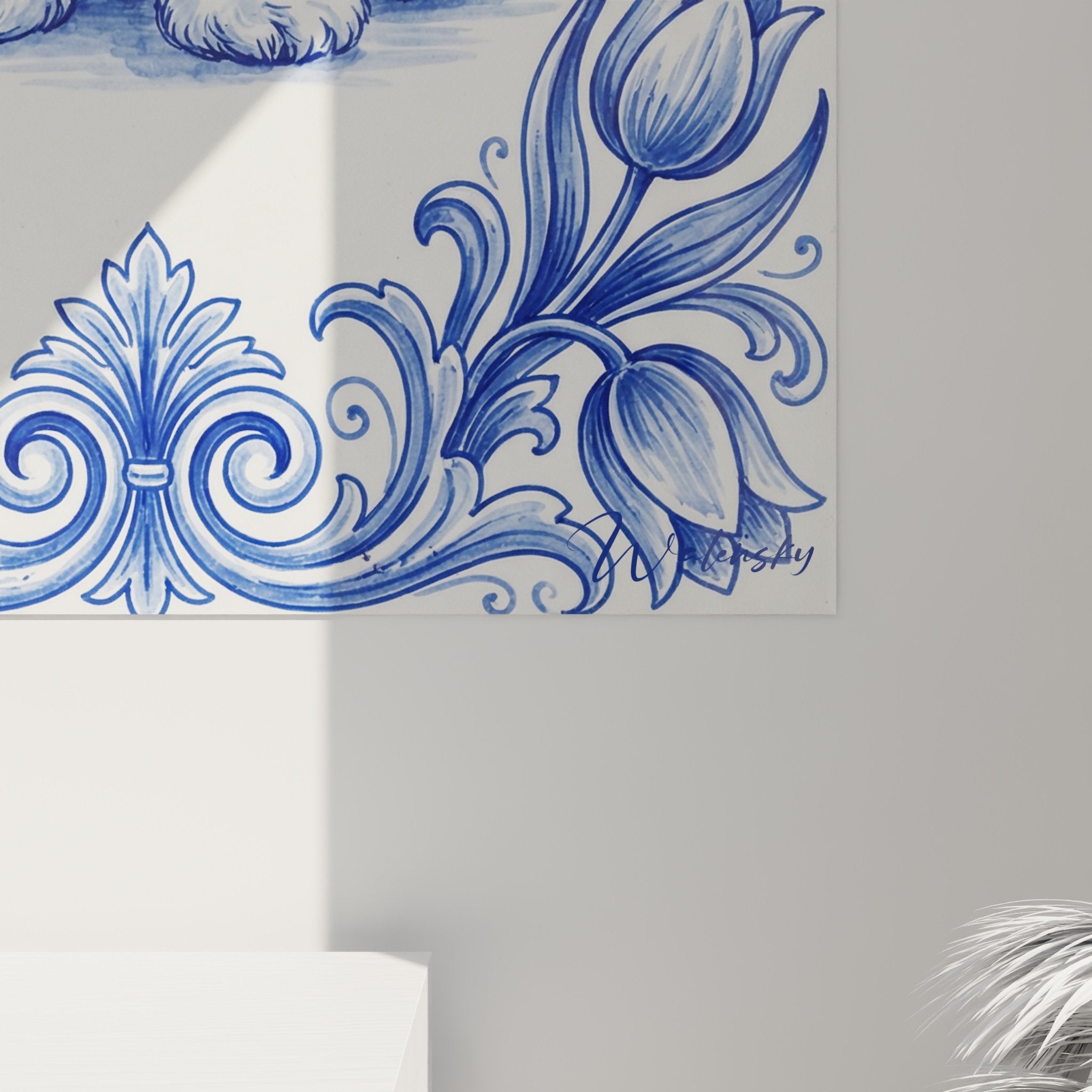 tableau mural bichon maltais style delft bleu cobalt motifs baroques tulipes decoration interieur raffinee