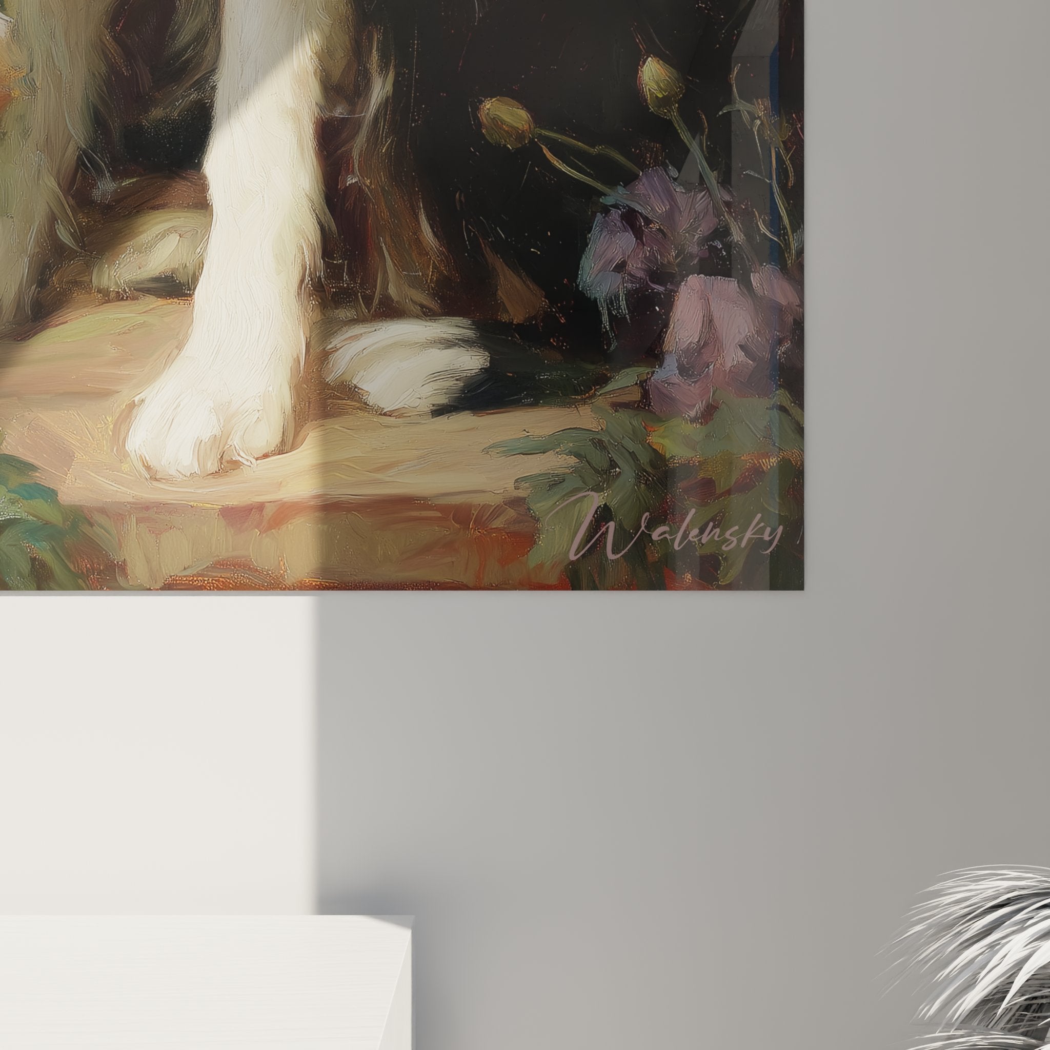 Vue ensemble tableau Border Collie jardin fleuri decoration murale salon style classique elegant