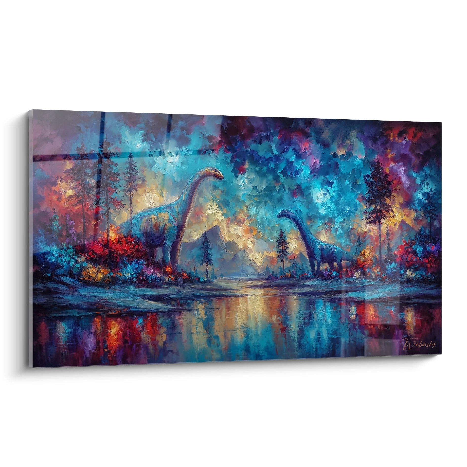 Tableau mural brontosaures colorés au bord de l'eau avec reflets, art dinosaure préhistorique aux couleurs vibrantes