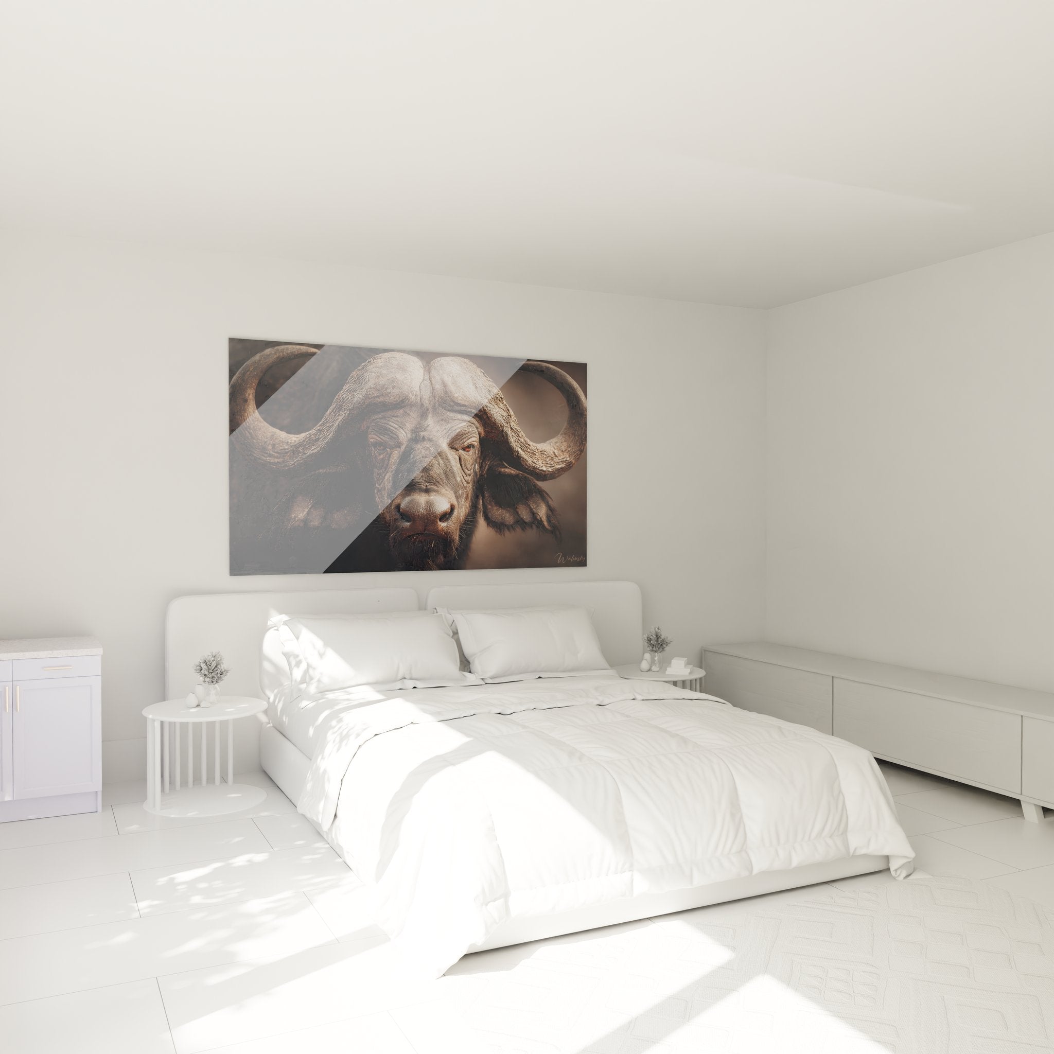 Tableau mural buffle africain installé dans chambre moderne créant ambiance safari authentique