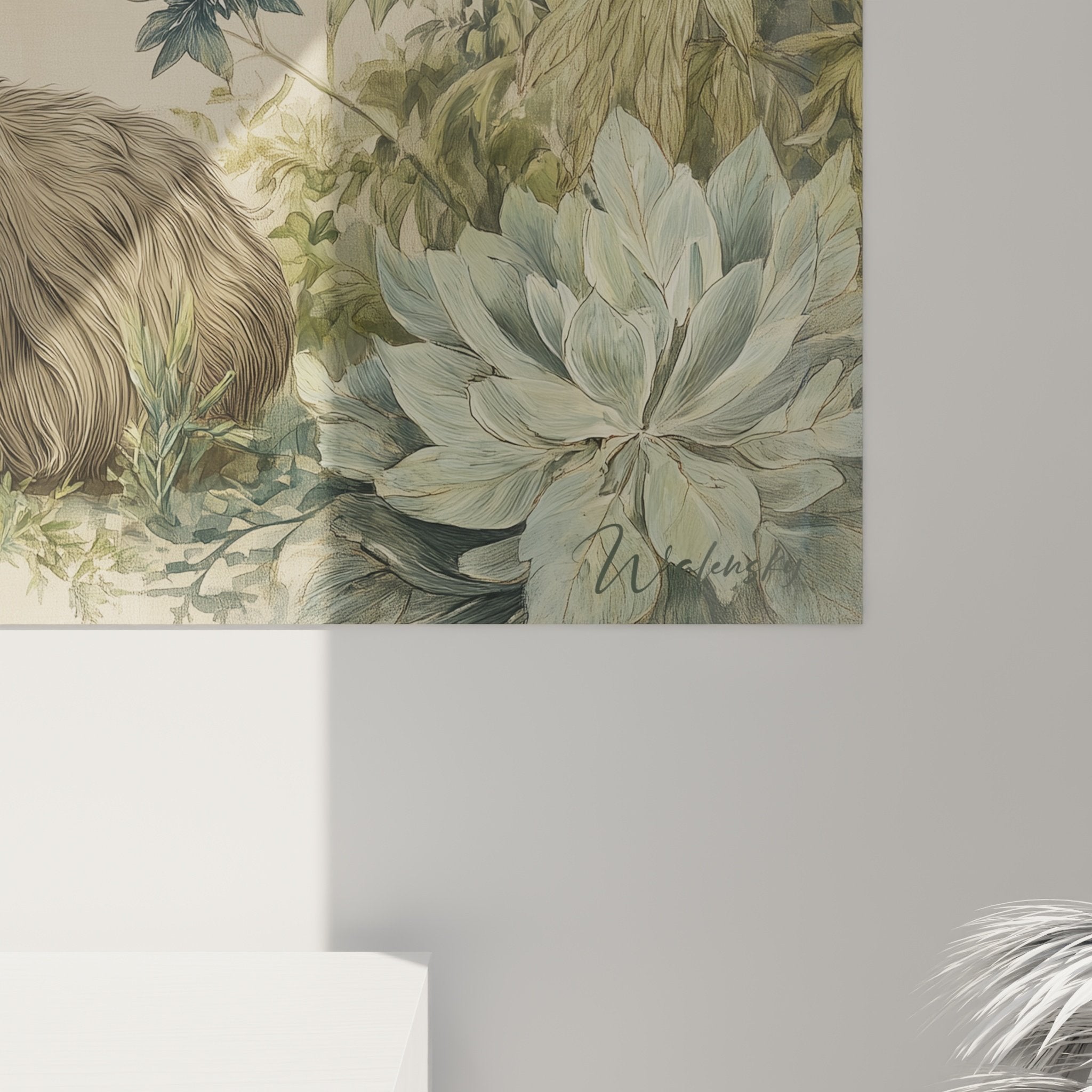 Vue ensemble tableau mural cairn terrier decor vegetal plantes exotiques art animalier