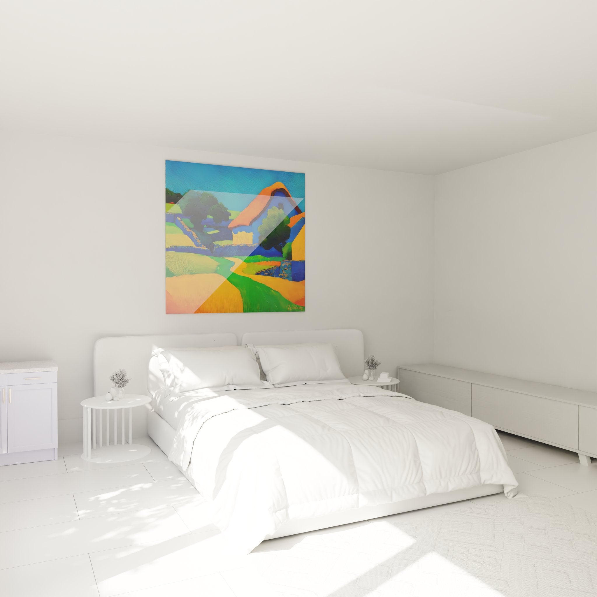 Tableau mural paysage rural aux tons vifs décorant une chambre moderne - ambiance nature contemporaine