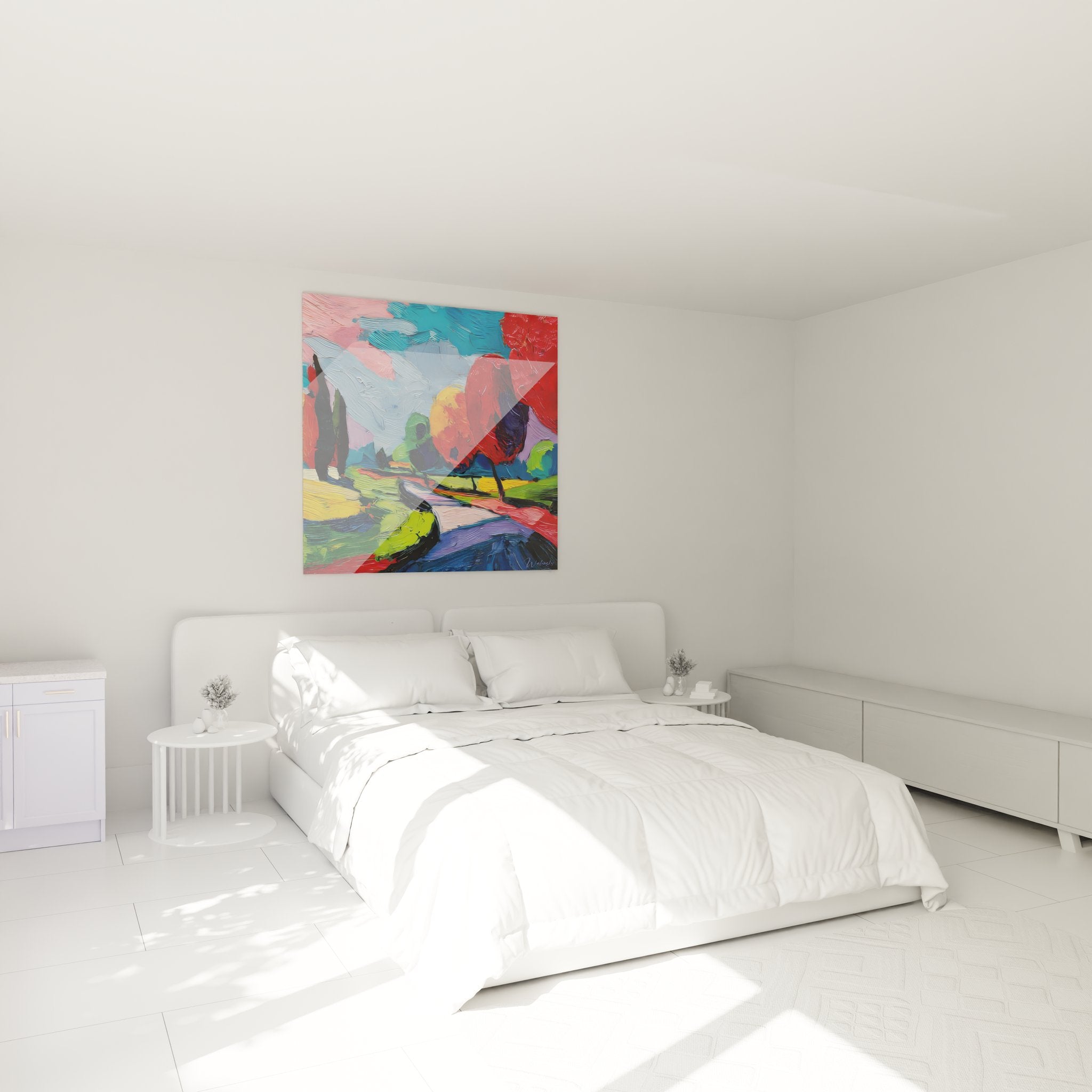Tableau mural campagne dans chambre moderne, paysage rural coloré avec cyprès décorant l'espace