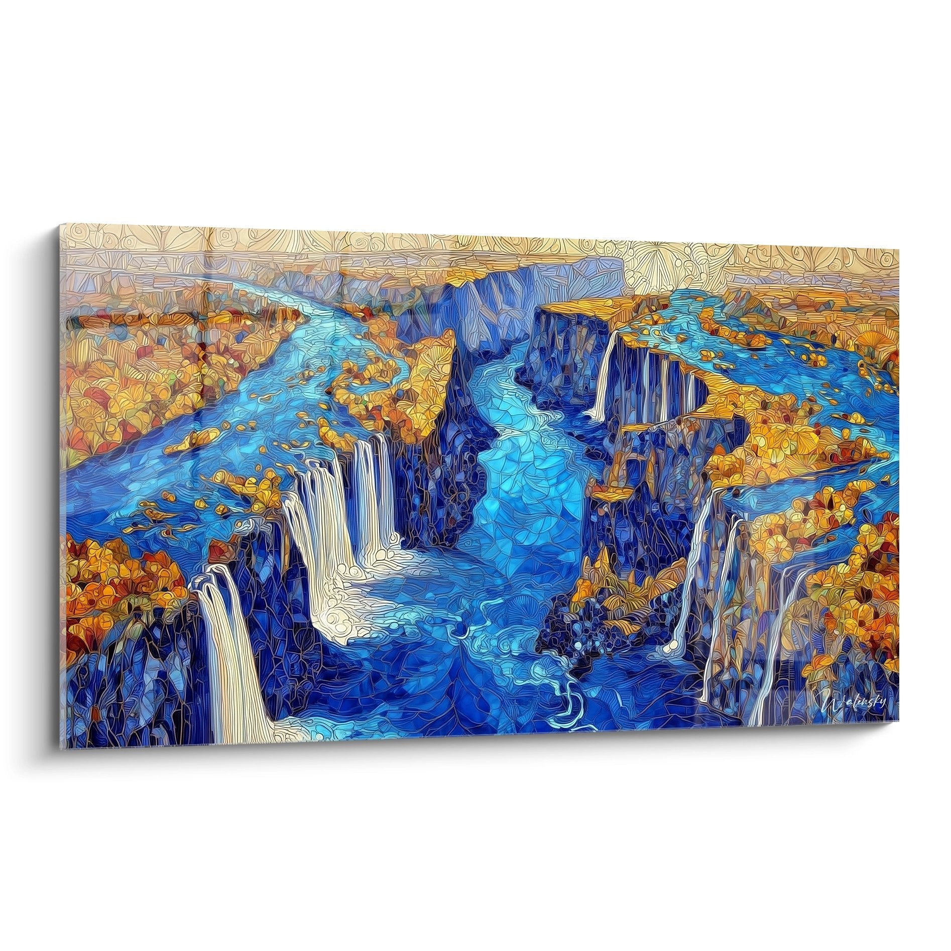 Tableau mural canyon avec cascades multiples aux tons bleus et dorés, art moderne nature