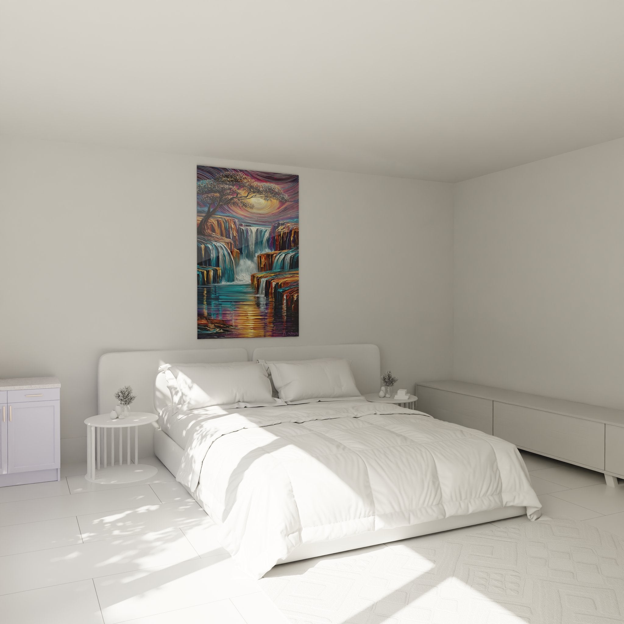 Ambiance chambre avec tableau mural cascade aux couleurs vives créant une atmosphère apaisante et artistique