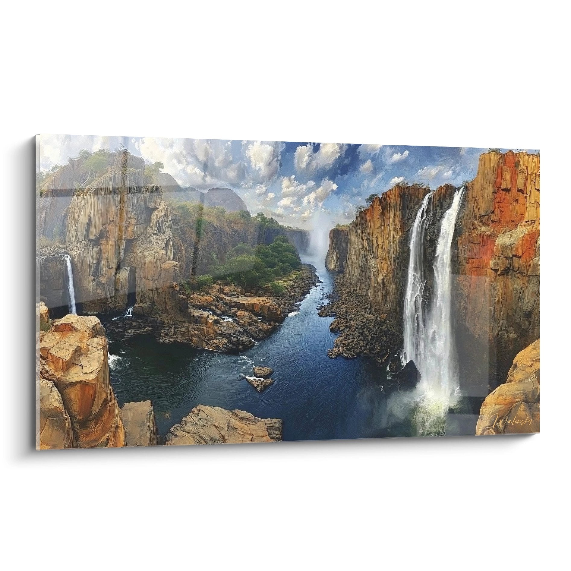 Tableau mural cascade dans canyon aux falaises ocre avec chutes d'eau et bassins turquoise