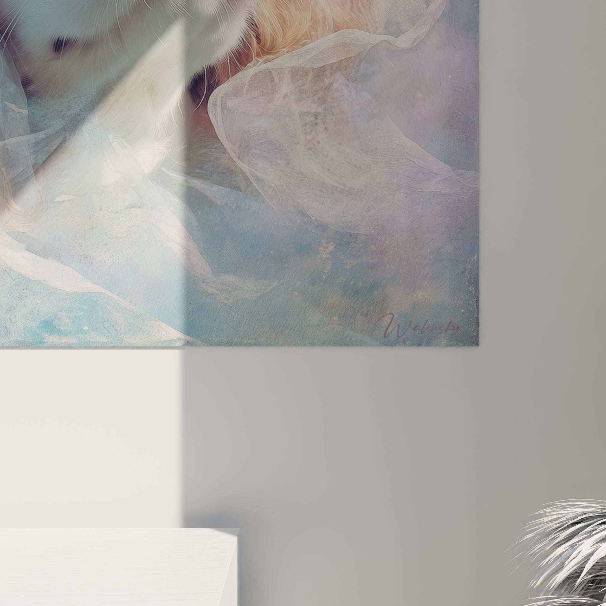 Tableau mural cavalier king charles art contemporain volutes pastel decoration