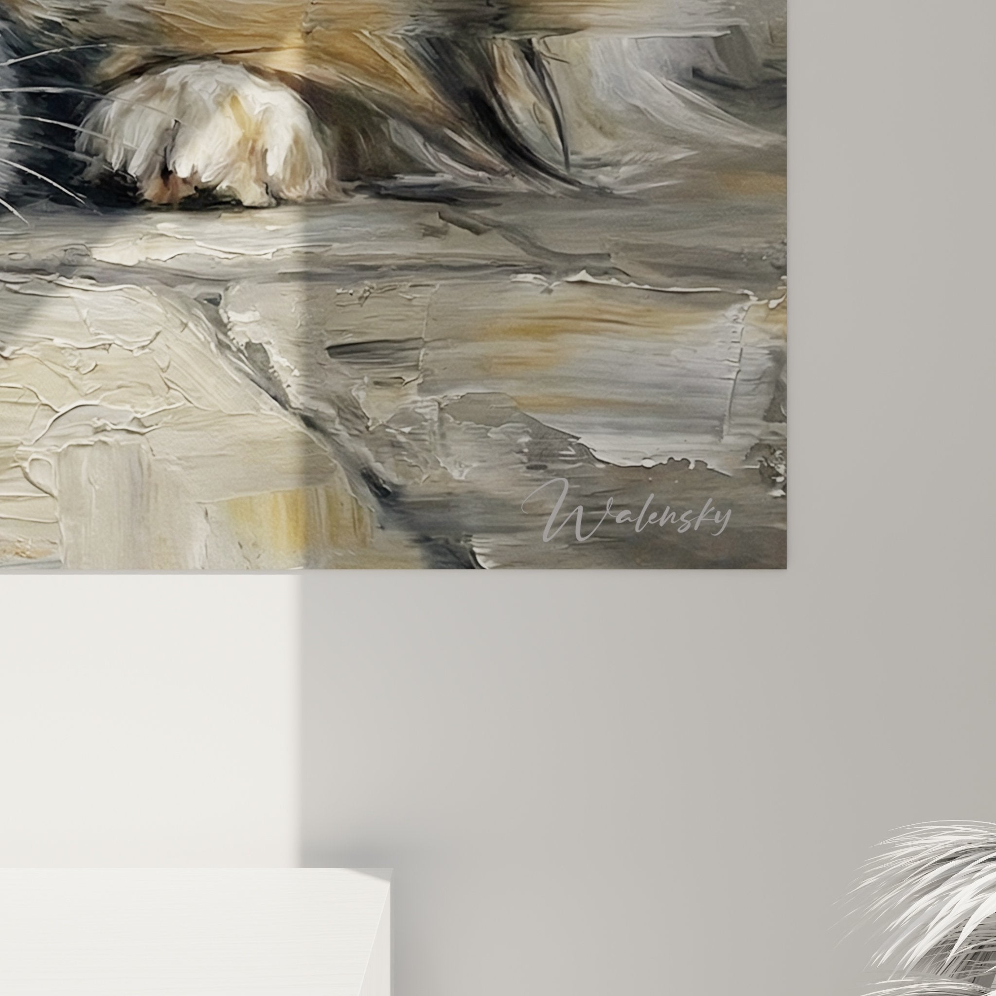 Overview of butterfly dog wall art, harmonious beige and gray palette, modern decoration