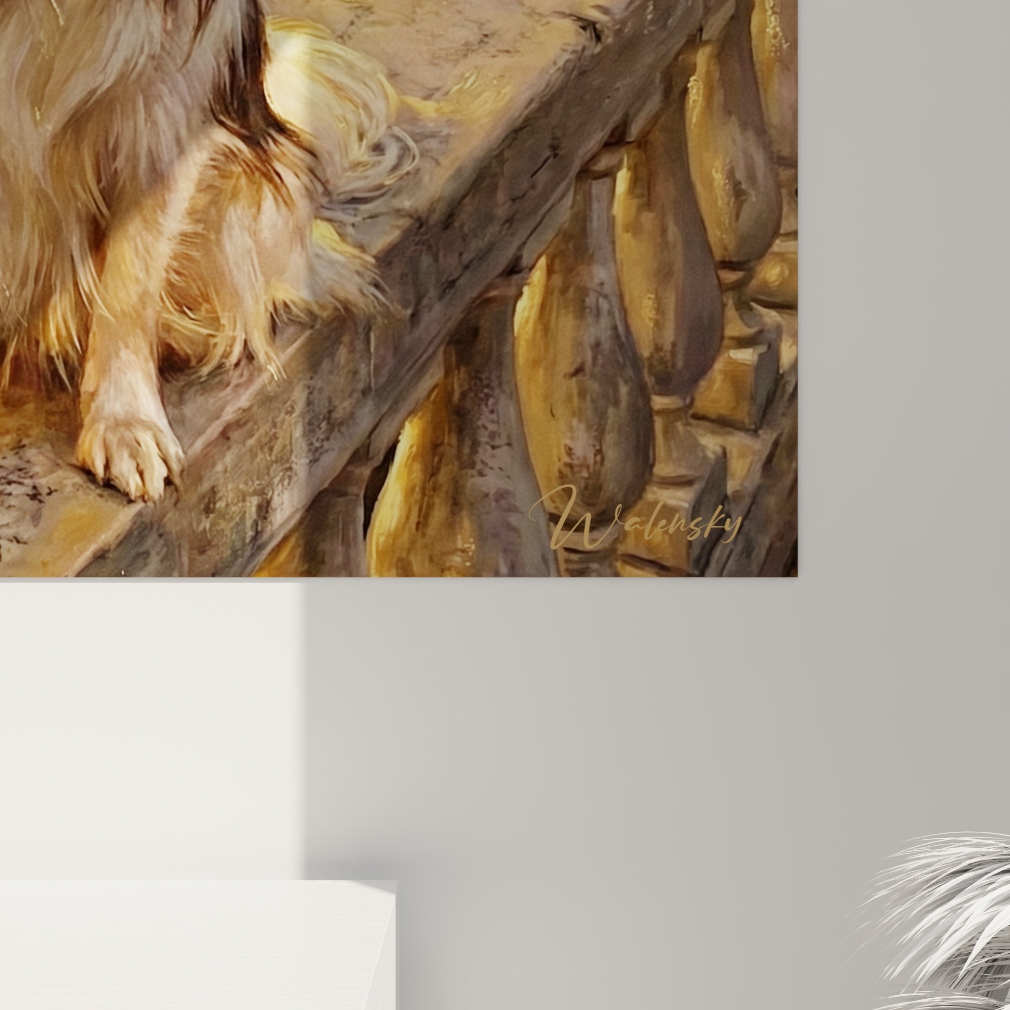 Vue d'ensemble tableau mural Chien Papillon Venise dans salon contemporain avec mobilier bois
