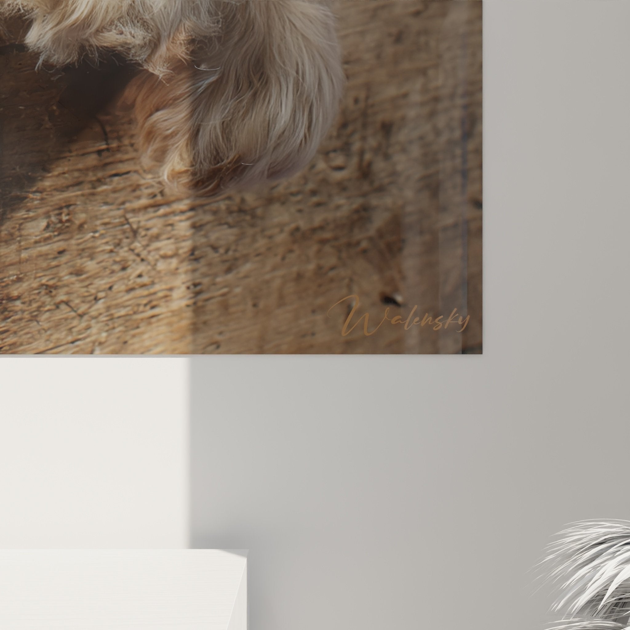 Vue ensemble tableau mural chiot Cocker Americain caisse bois intégration déco salon contemporain