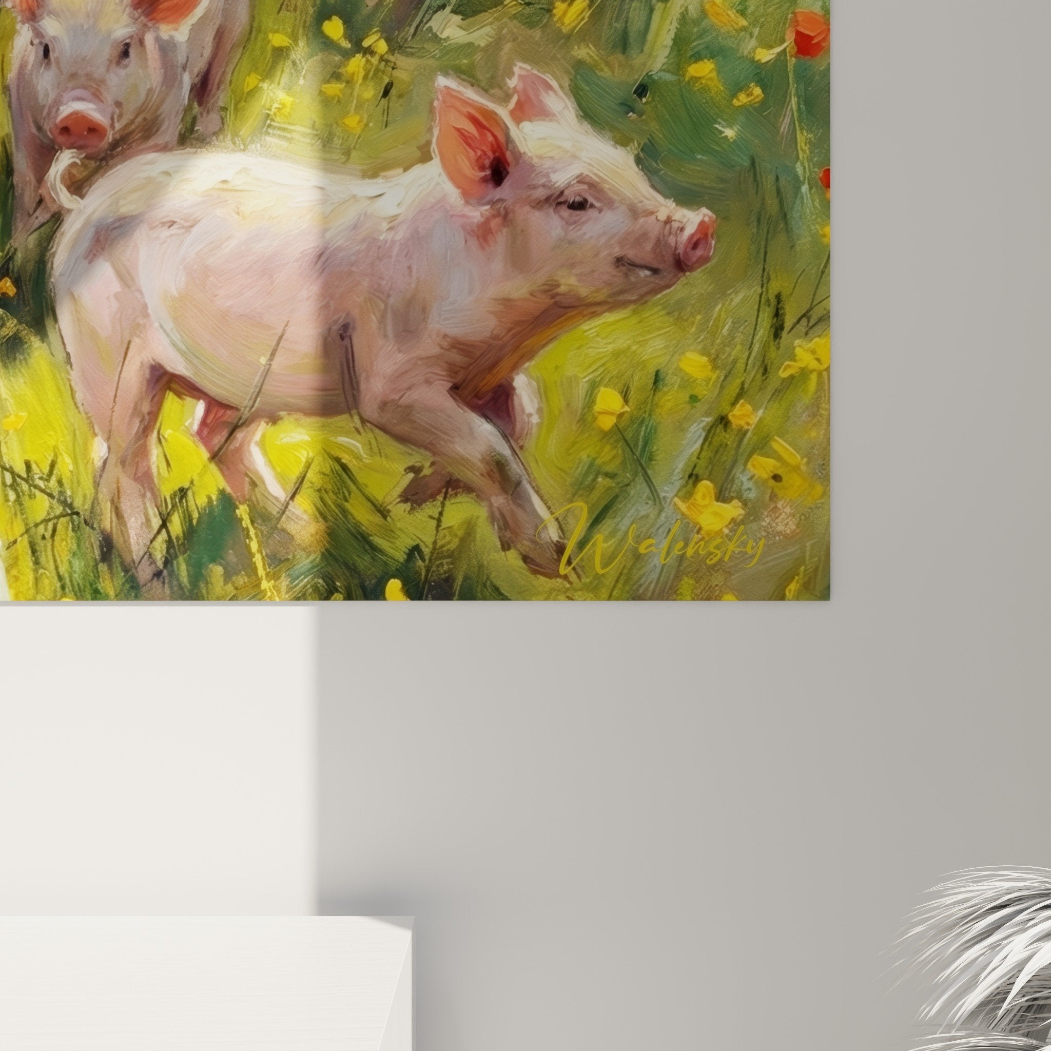 Wandbild Schweine blühende Wiese Landhausstil Wanddekoration pastorale Atmosphäre bukolisches natürliches Ambiente