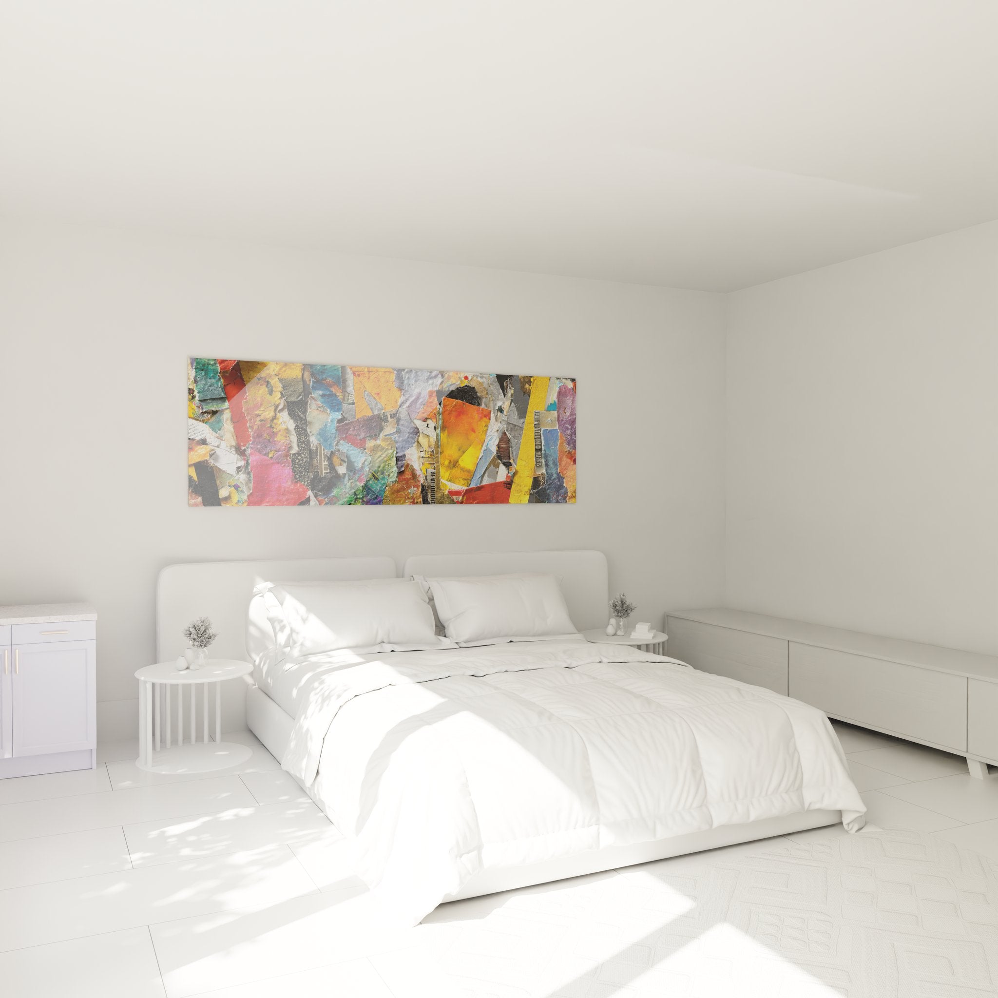 Tableau mural collage abstrait multicolore dans ambiance chambre moderne contemporaine