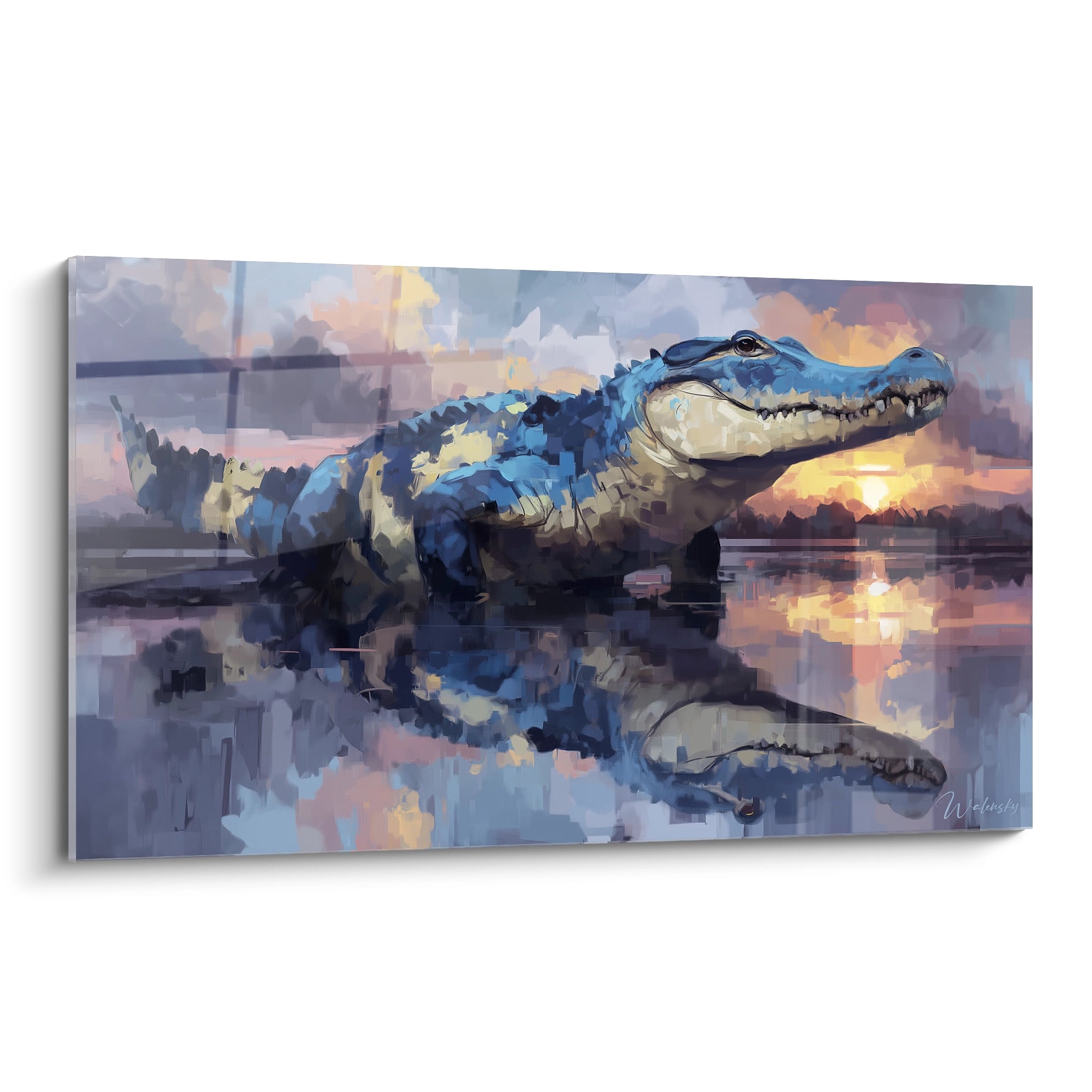 Tableau mural crocodile coucher soleil reflets eau art contemporain Kaprosuchus décoration