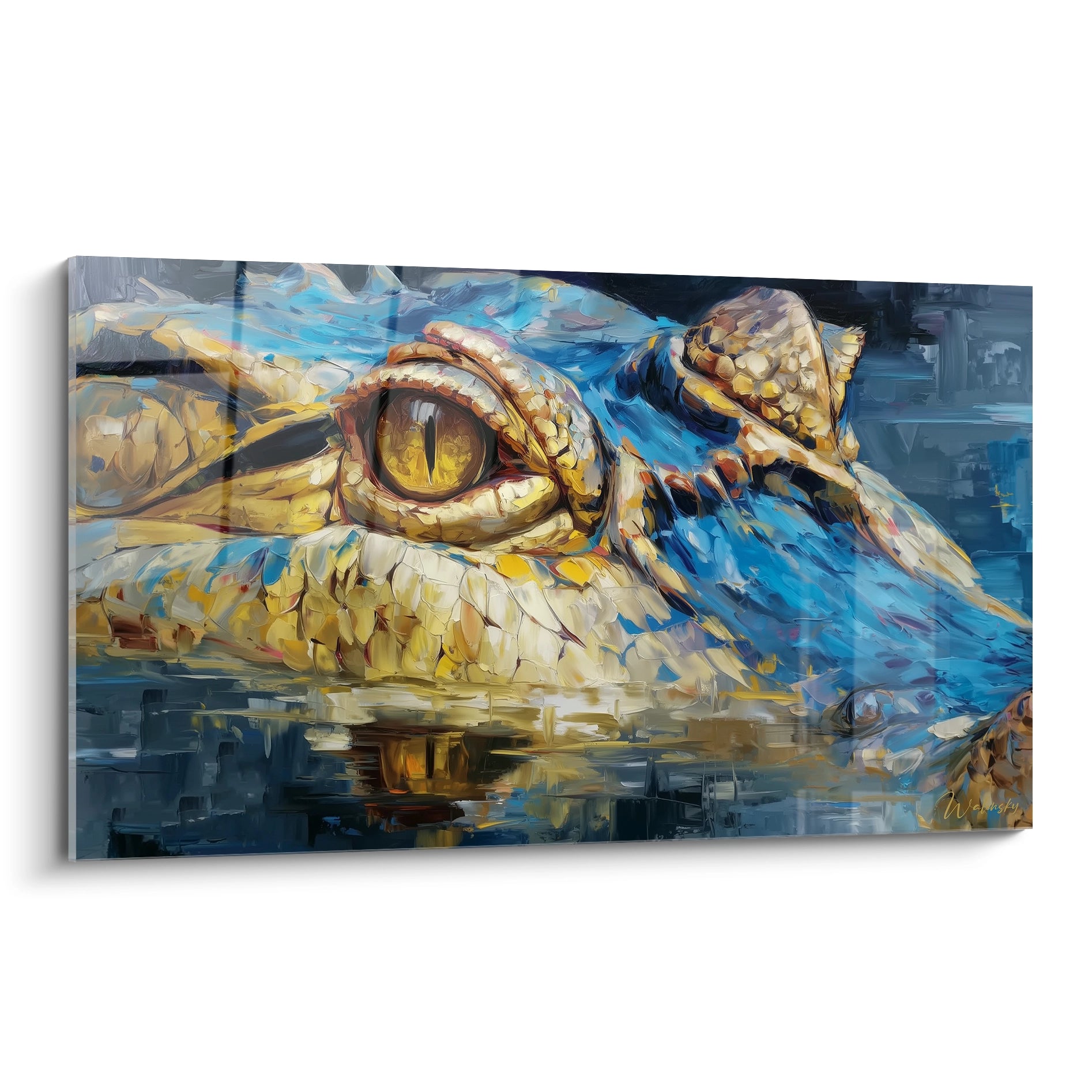 Tableau mural crocodile dans l'eau au regard doré, peinture animalière moderne bleu et or