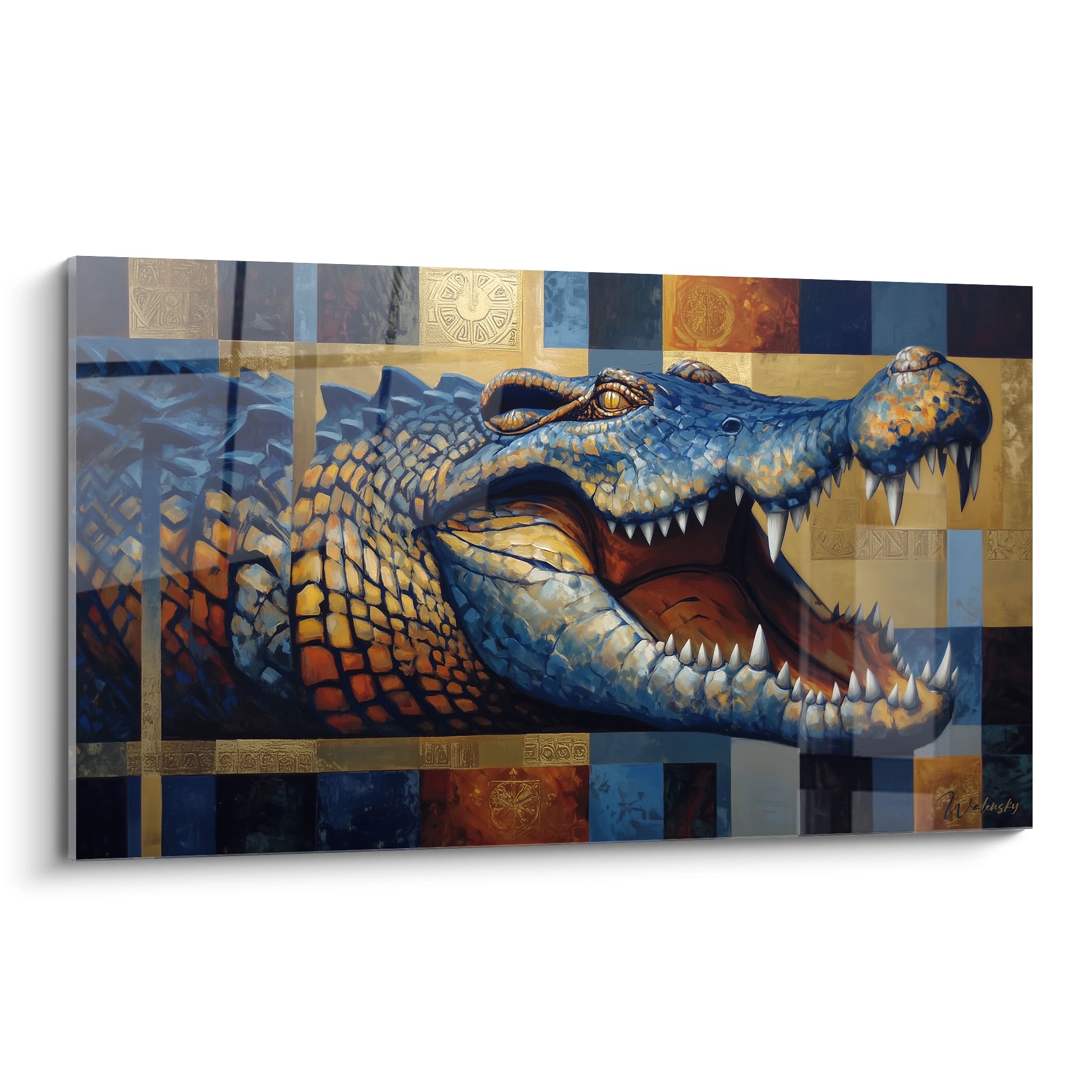 Tableau mural crocodile Kaprosuchus avec mâchoires ouvertes sur fond géométrique coloré