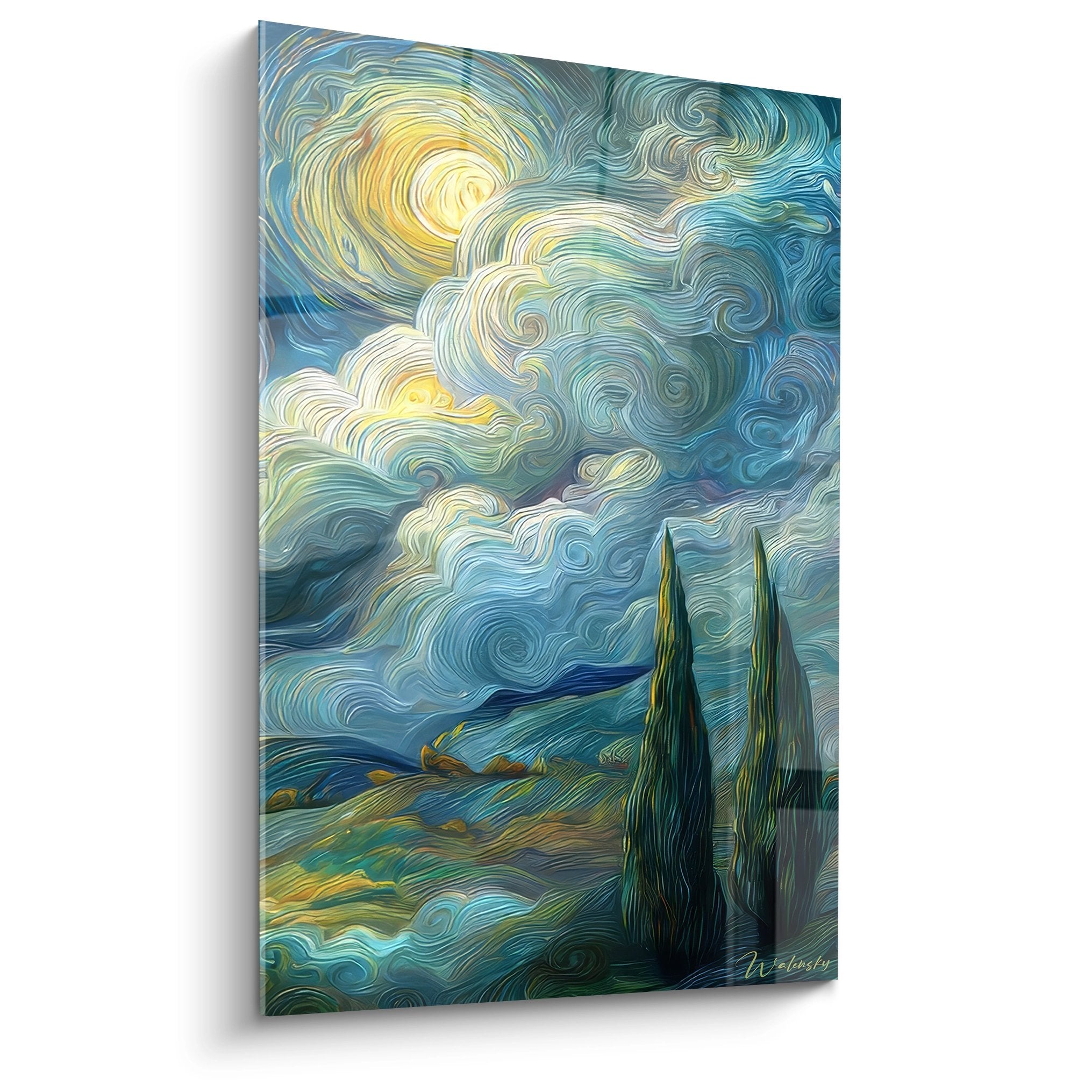 Tableau mural cyprès sous ciel étoilé tourbillonnant, paysage nocturne bleu-vert avec nuages stellaires