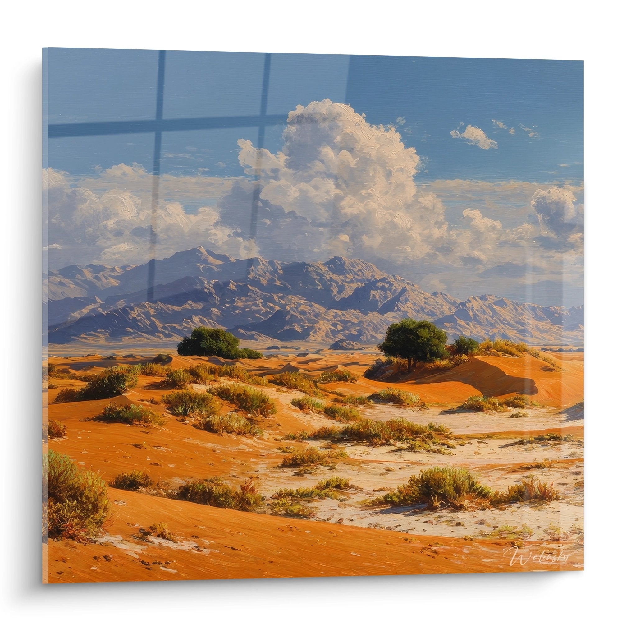 Tableau mural paysage désert avec montagnes enneigées et végétation clairsemée sous ciel nuageux