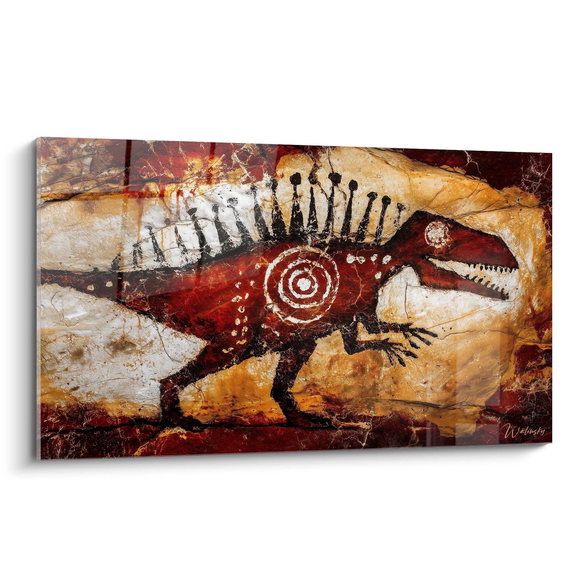 Tableau mural dinosaure rouge style art rupestre avec crête dorsale et spirale blanche sur fond ocre craquelé
