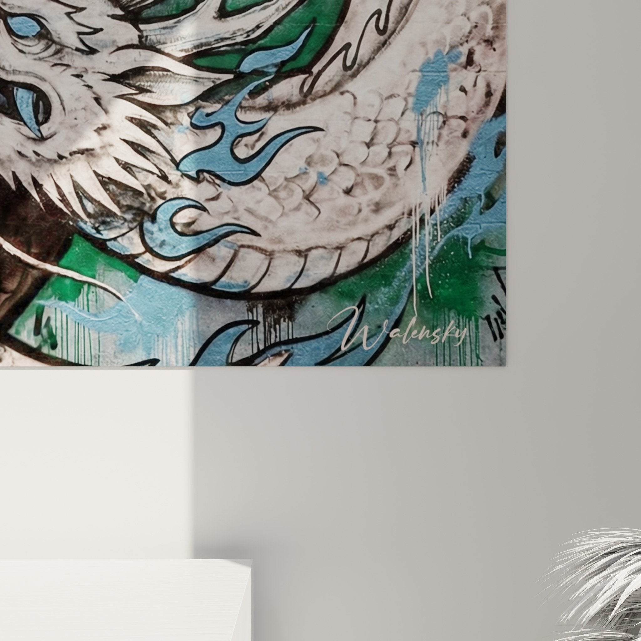 tableau mural dragons dualite yin yang style street art tons bruns beiges decoration