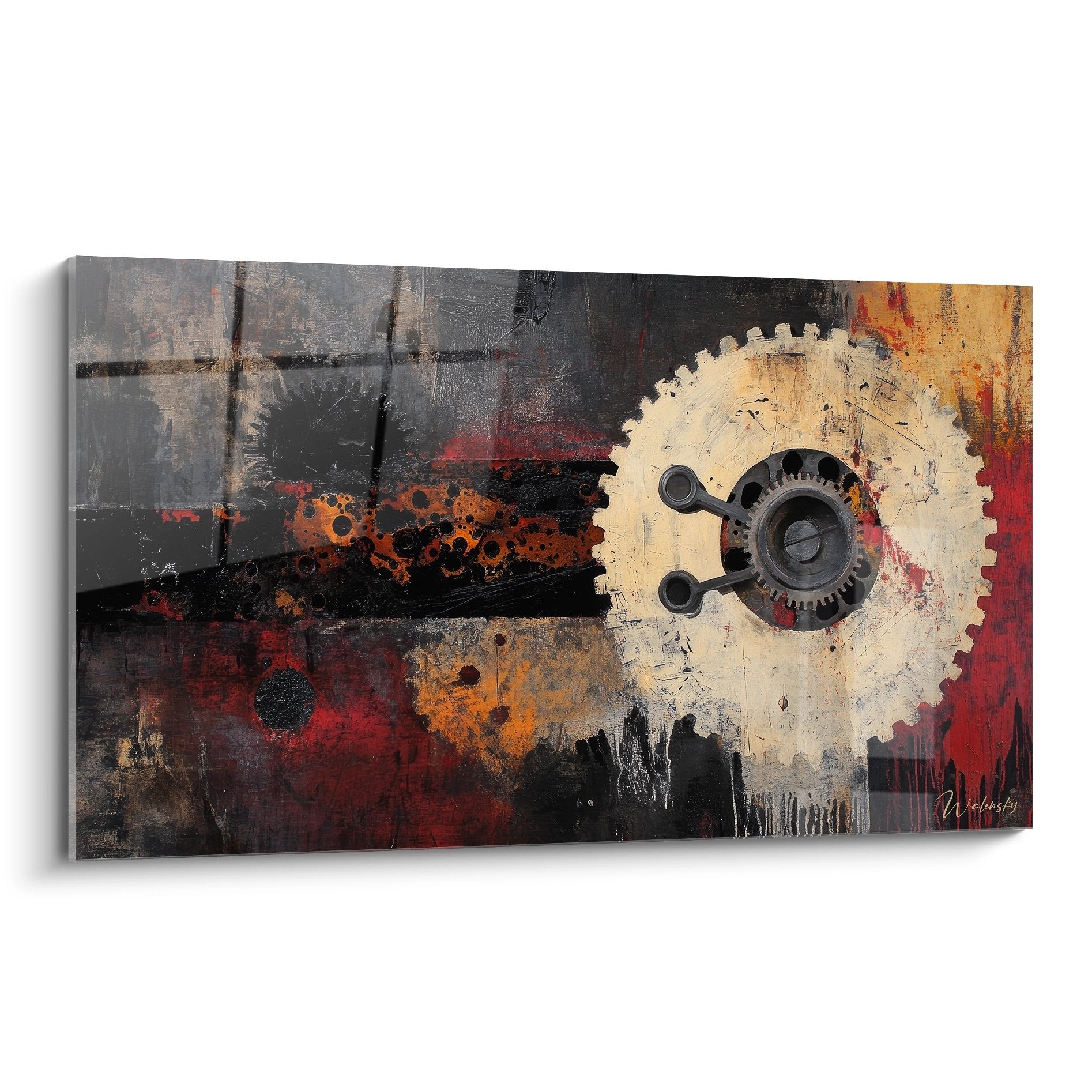 Tableau mural engrenage industriel abstrait rouge et blanc pour décoration moderne