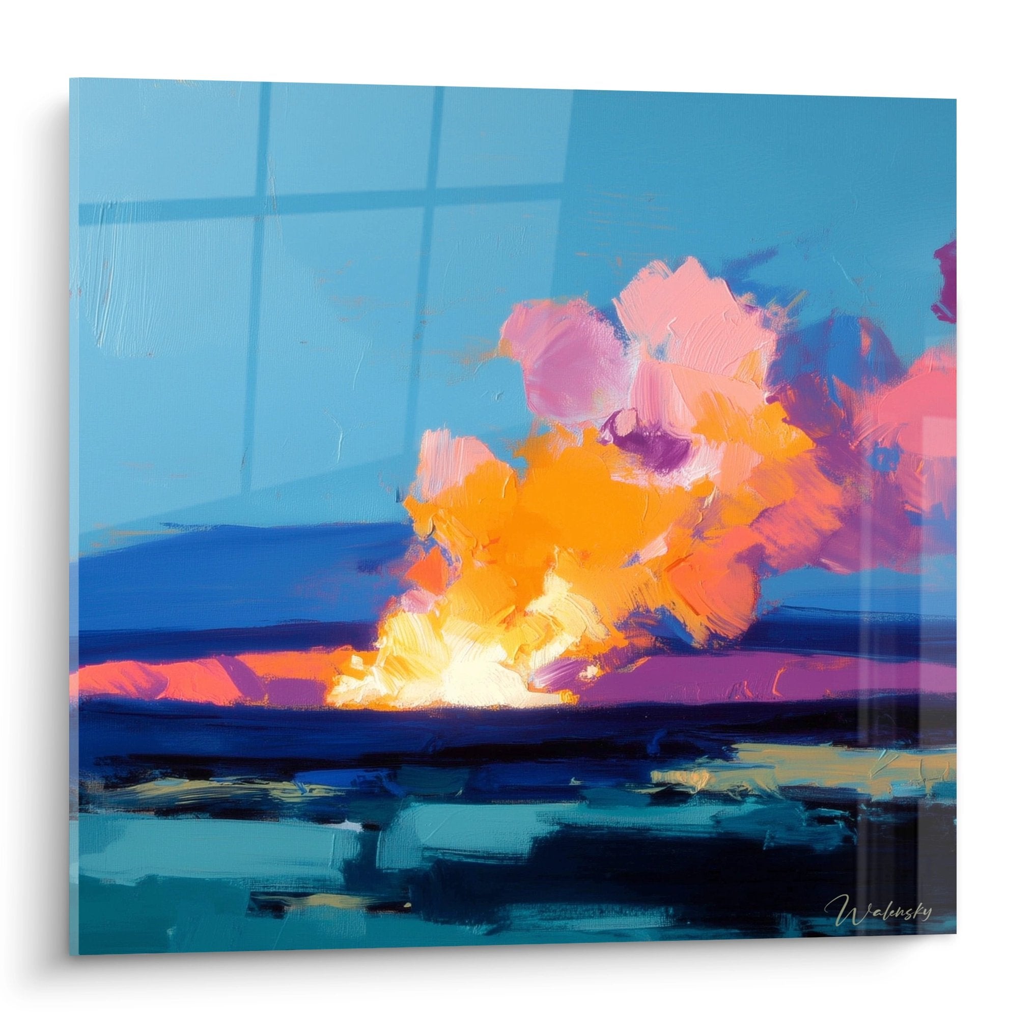 Tableau mural éruption volcanique aux couleurs vives, art contemporain explosion de lave et cendres sur toile