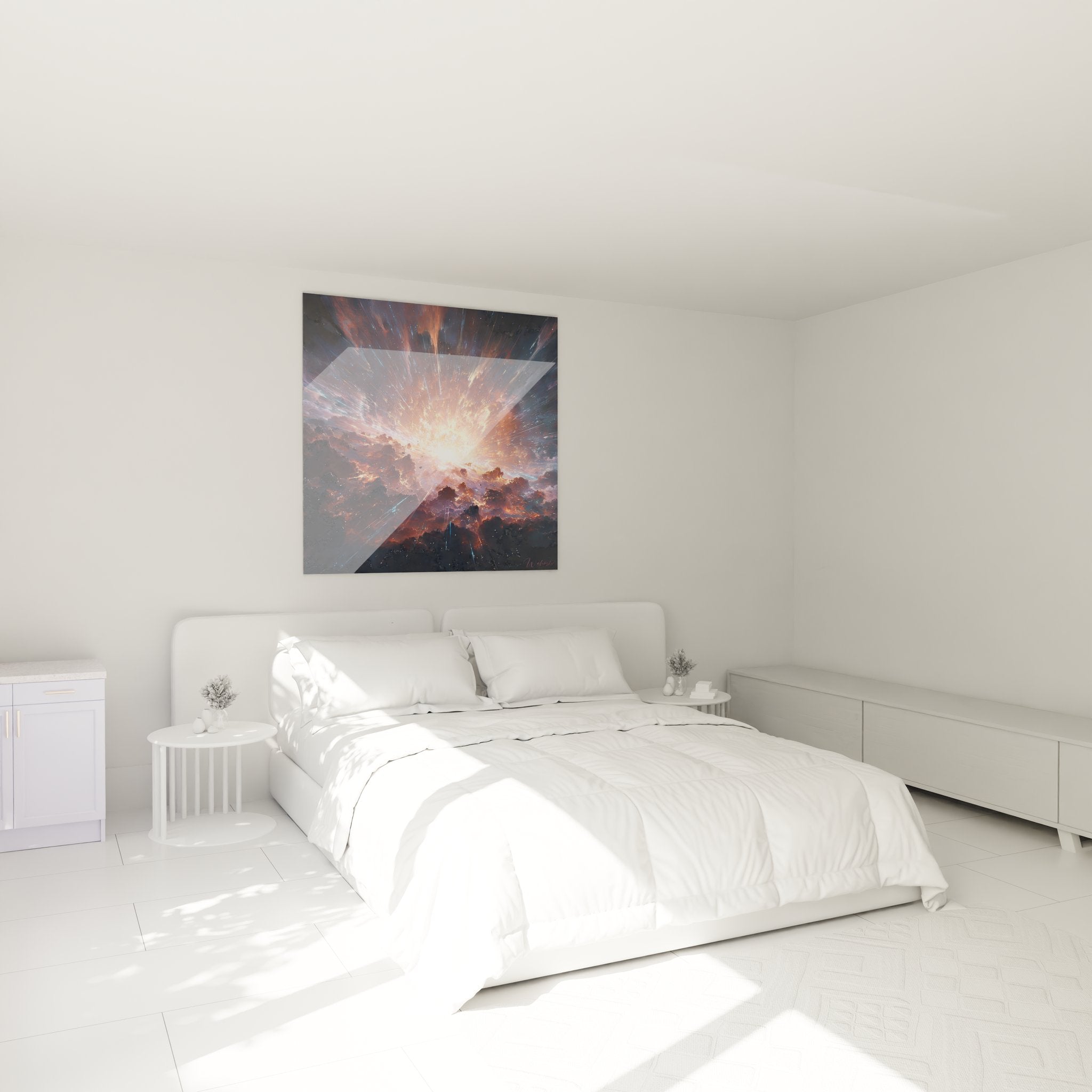 Tableau mural explosion cosmique dans ambiance chambre moderne avec nébuleuse spatiale colorée