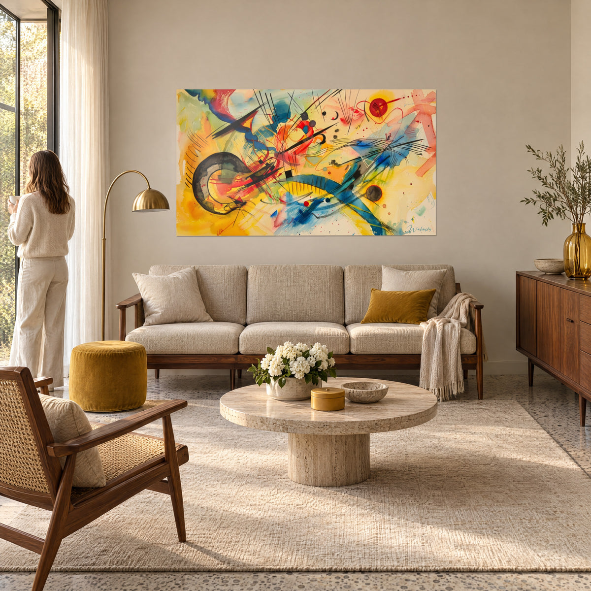 Schilderij abstracte compositie in geel en blauw, zwarte lijnen en rode zon, boven een bank in een lichte woonkamer