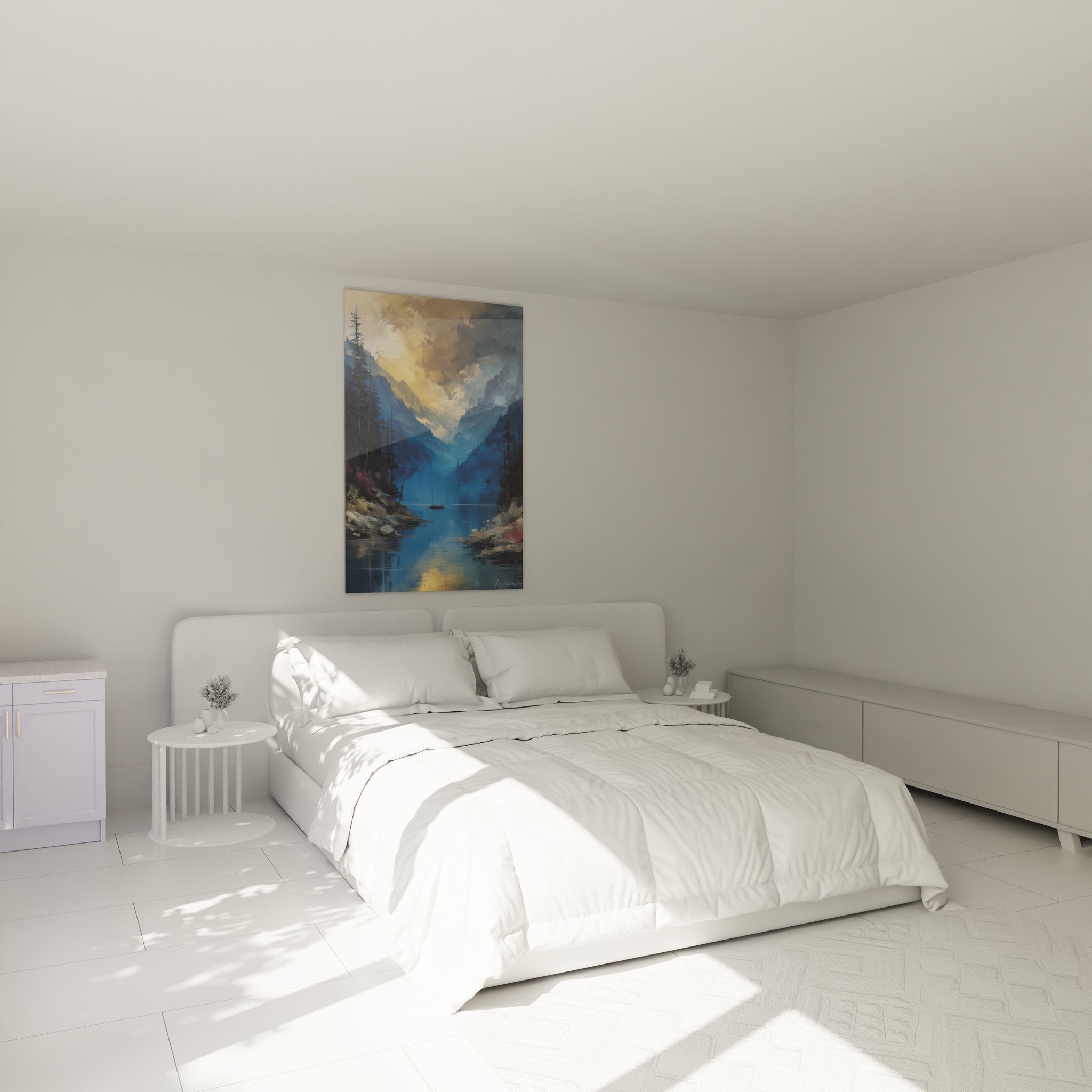 Ambiance chambre tableau mural fjord norvégien coucher soleil voilier lac montagne décoration murale