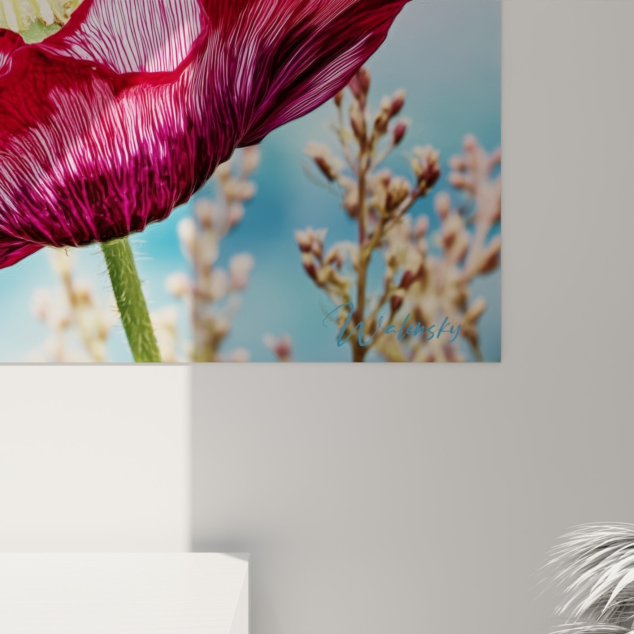 Poppy wall art in modern living room - red pink yellow floral wall decoration