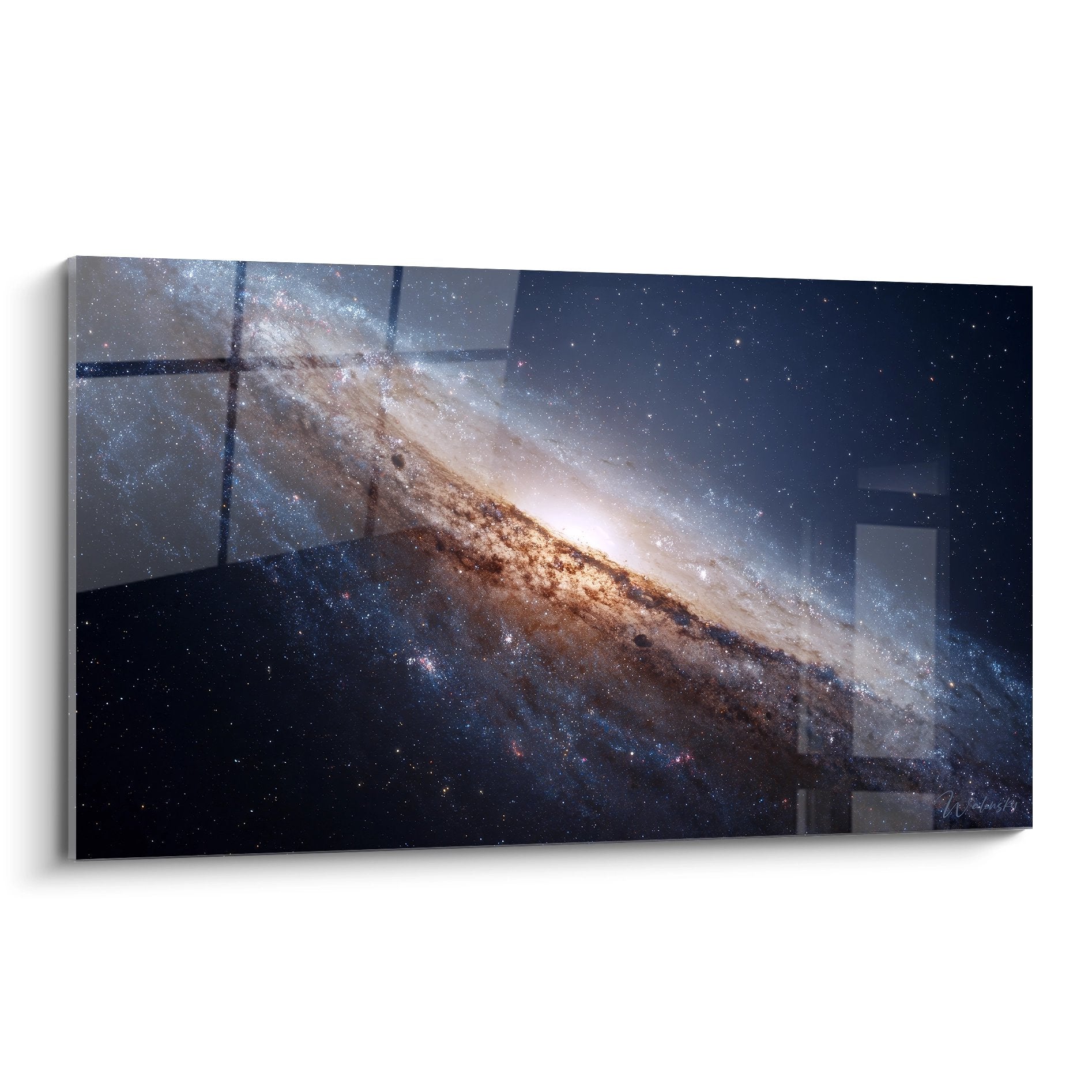 Tableau mural galaxie d'Andromède avec bras spiraux dorés sur fond d'étoiles - décoration astronomique