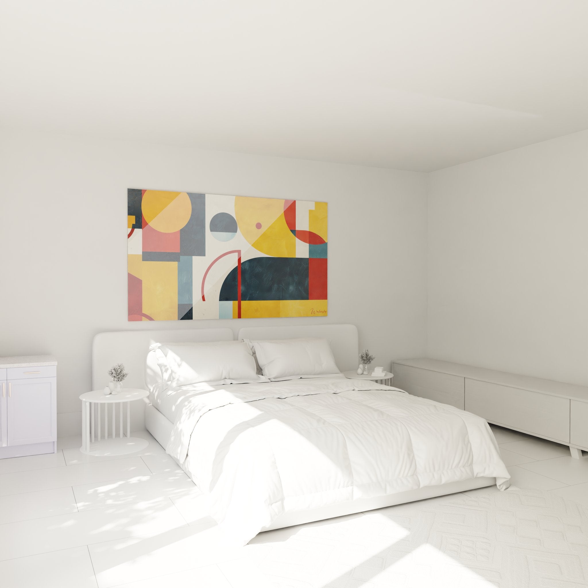 Tableau mural géométrique abstrait installé dans chambre moderne avec décoration contemporaine