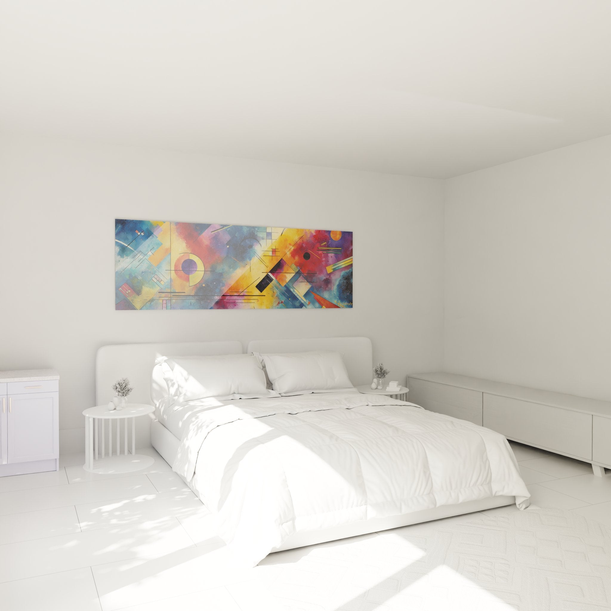 Tableau mural géométrique abstrait coloré dans chambre moderne décoration contemporaine