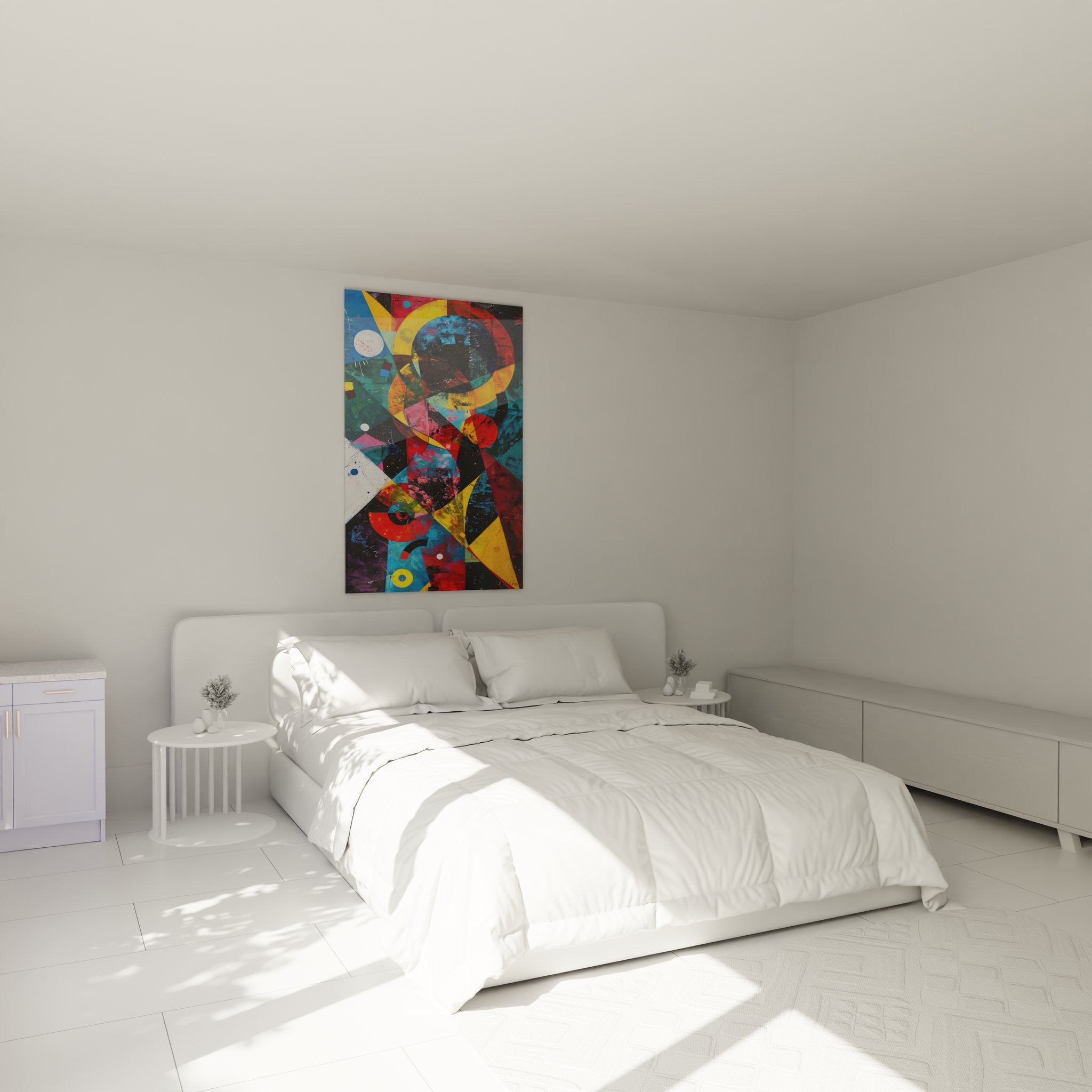 Tableau mural géométrique abstrait dans chambre moderne formes colorées décoration