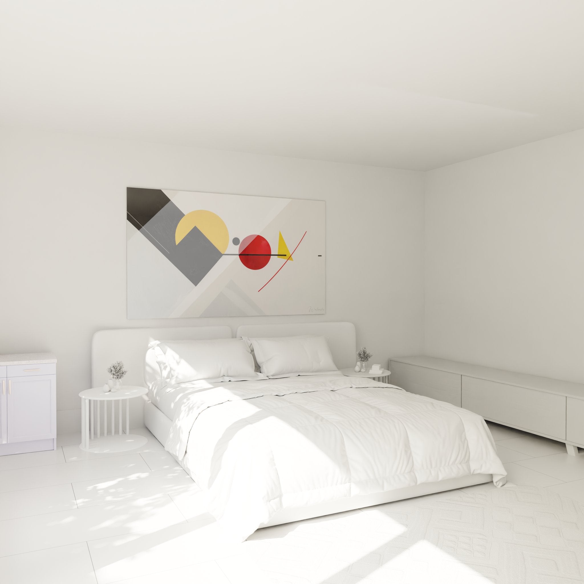 Tableau mural géométrique abstrait Bauhaus installé dans chambre moderne aux tons neutres