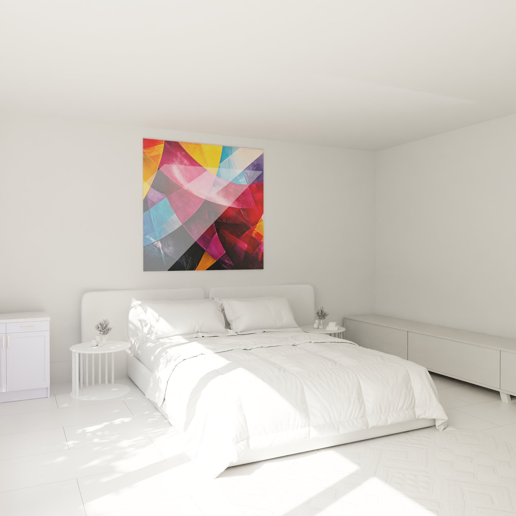 Tableau mural géométrique abstrait coloré dans ambiance chambre moderne et contemporaine